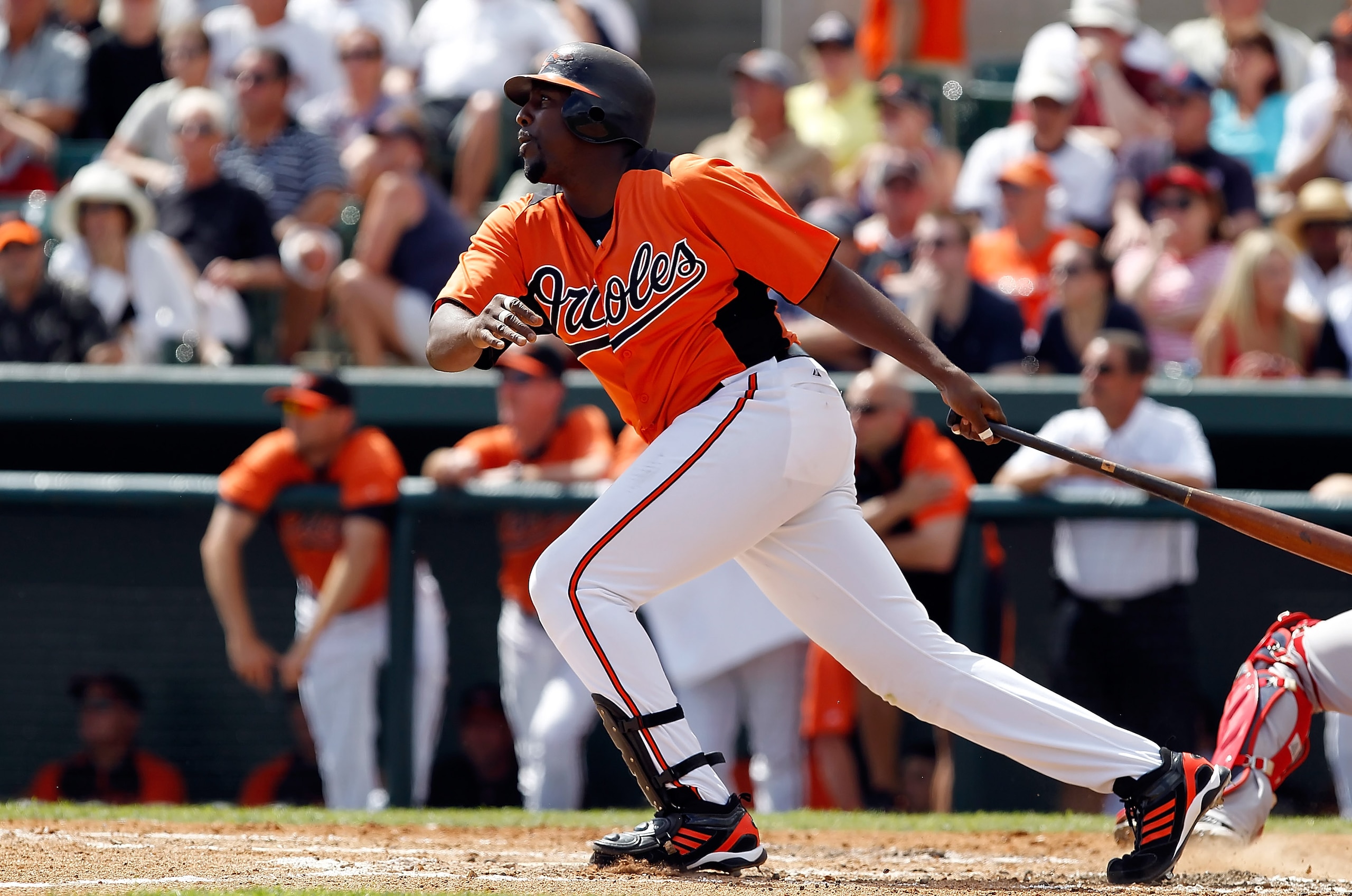SARASOTA, FL - MARCH 05:  Designated hitter Vladimir Guerrero #27 of the Baltimore Orioles bats against the Boston Red Sox during a Grapefruit League Spring Training Game at Ed Smith Stadium on March 5, 2011 in Sarasota, Florida.  (Photo by J. Meric/Getty