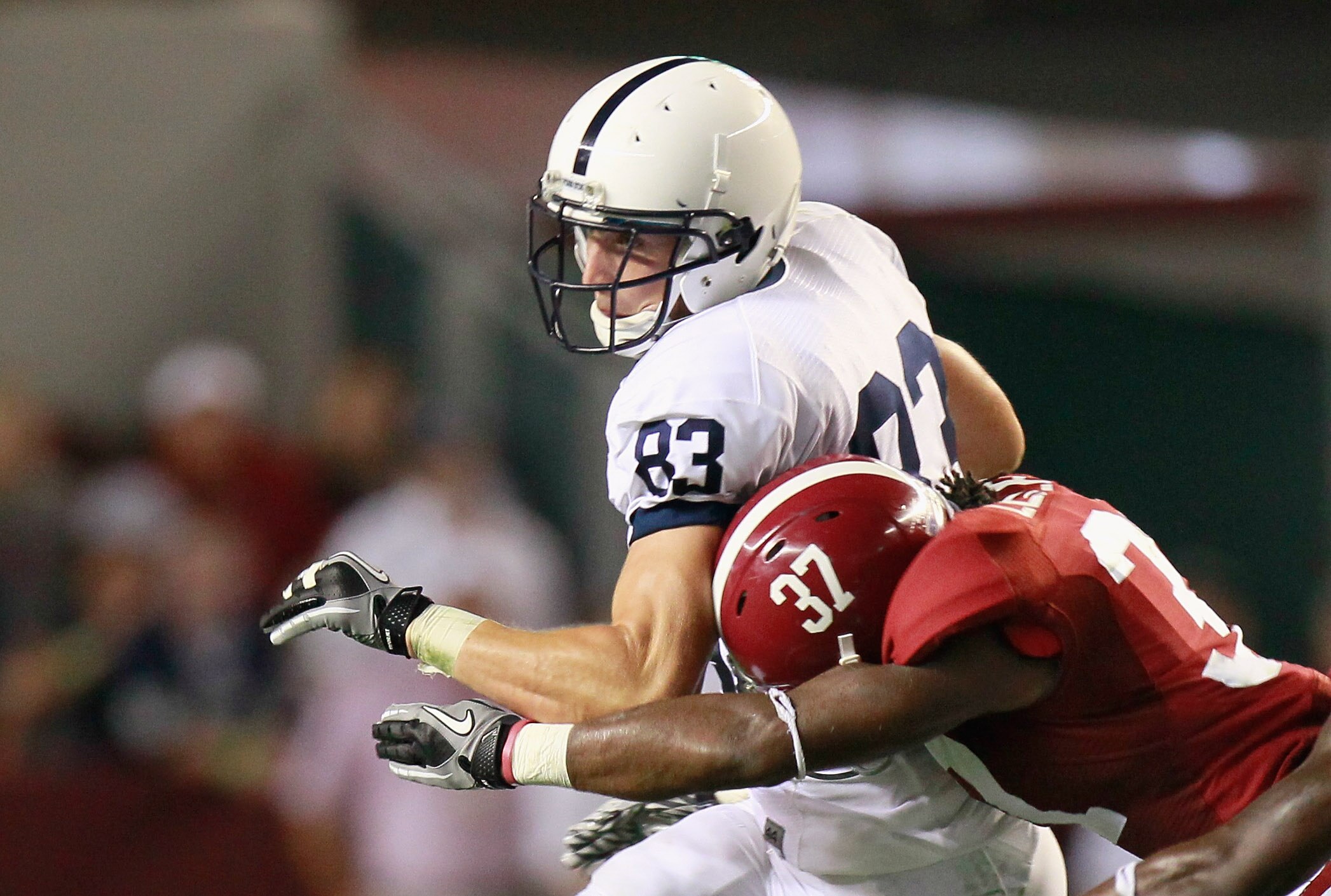 TUSCALOOSA, AL - SEPTEMBER 11:  Brett Brackett #83 of the Penn State Nittany Lions against Robert Lester #37 of the Alabama Crimson Tide at Bryant-Denny Stadium on September 11, 2010 in Tuscaloosa, Alabama.  (Photo by Kevin C. Cox/Getty Images)