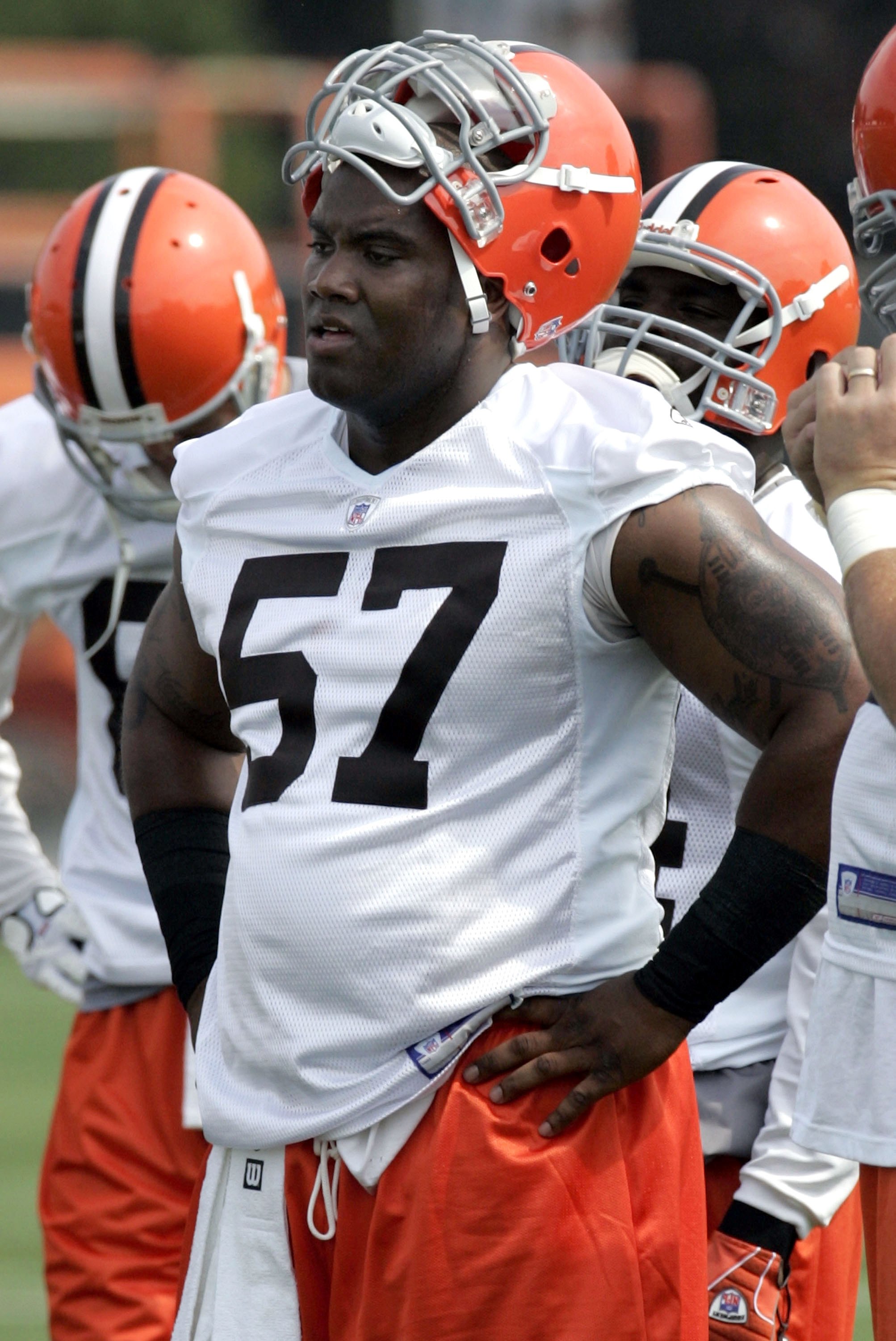 BEREA, OH - JULY 26:  LeCharles Bentley #57 of the Cleveland Browns during training camp on July 26, 2006 at the Cleveland Browns Training and Administrative Complex in Berea, Ohio.  (Photo by Gregory Shamus/Getty Images)