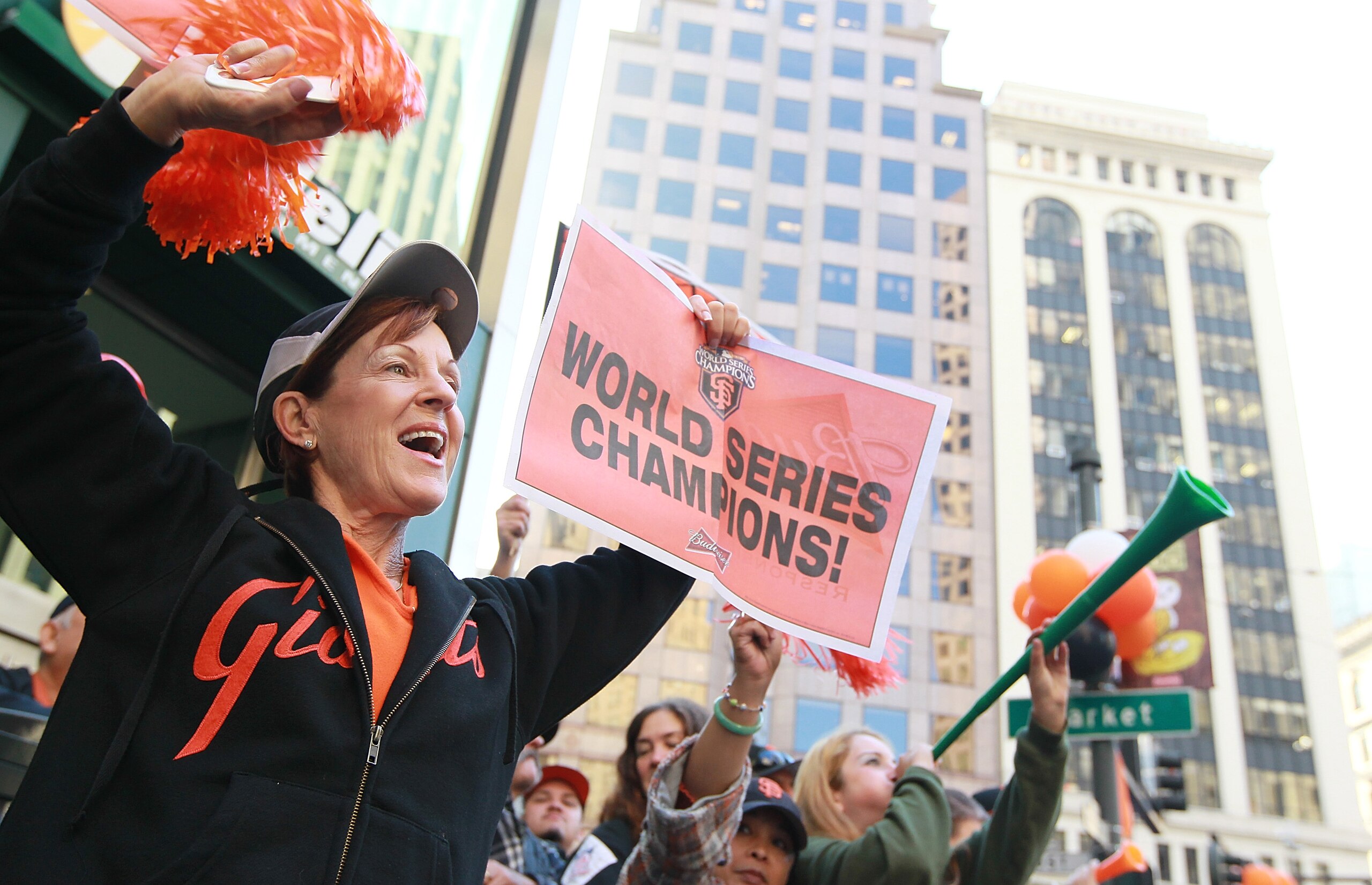 SAN FRANCISCO - NOVEMBER 03: San Francisco Giants fan Kerry Silverstone cheers before the start of the Giants' victory parade on November 3, 2010 in San Francisco, California. Thousands of Giants fans lined the streets of San Francisco to watch the San F SAN FRANCISCO - NOVEMBER 03: San Francisco Giants fan Kerry Silverstone cheers before the start of the Giants' victory parade on November 3, 2010 in San Francisco, California. Thousands of Giants fans lined the streets of San Francisco to watch the San F