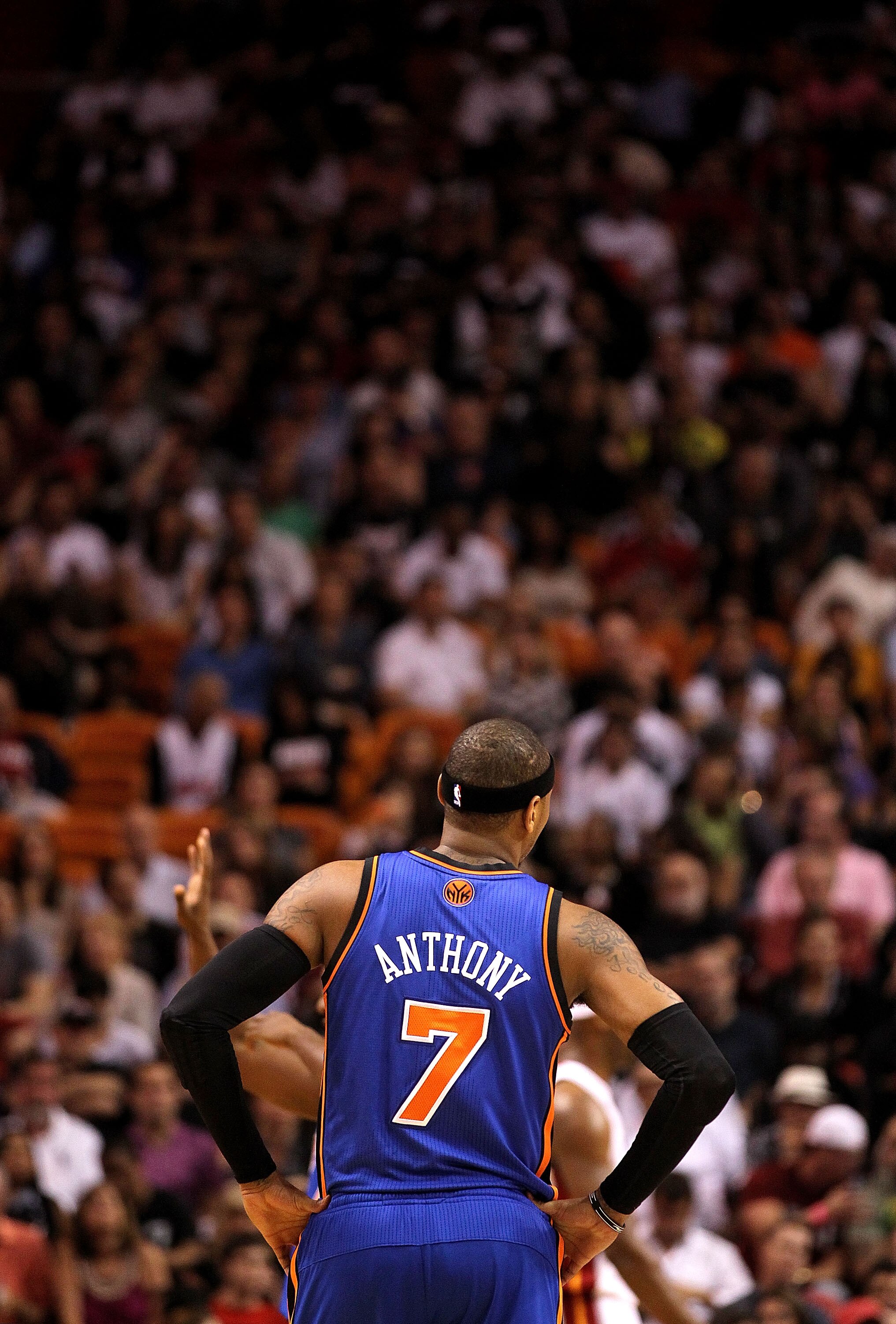 MIAMI, FL - FEBRUARY 27:  Carmelo Anthony #7 of the New York Knicks looks on during a foul shot during a game gainst the Miami Heat at American Airlines Arena on February 27, 2011 in Miami, Florida. NOTE TO USER: User expressly acknowledges and agrees tha