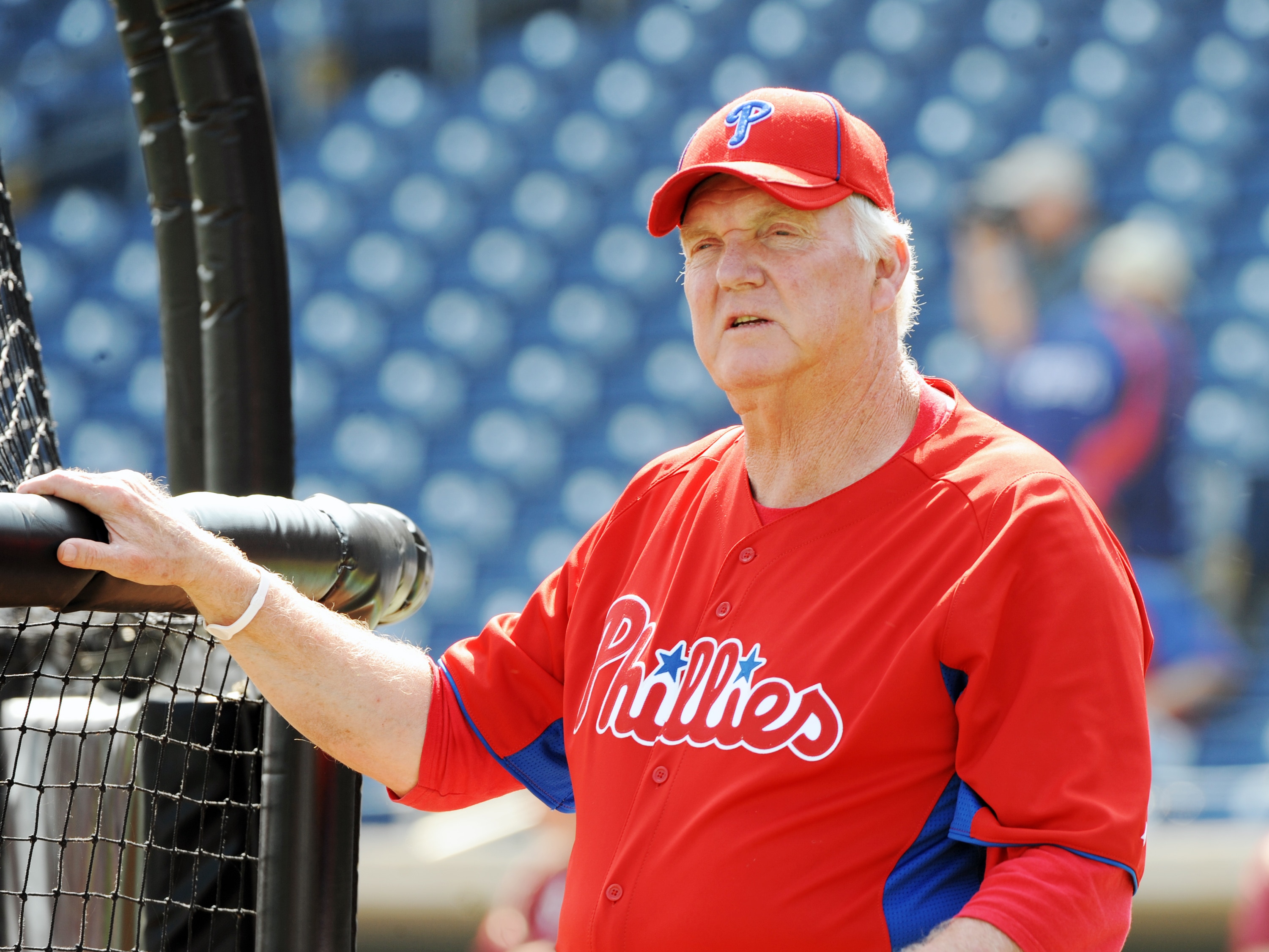 CLEARWATER, FL - FEBRUARY 24:  Manager Charlie Manuel #41 of the Philadelphia Phillies watches batting practice before play against the Florida State Seminoles February 24, 2011 at Bright House Field in Clearwater, Florida.  (Photo by Al Messerschmidt/Get