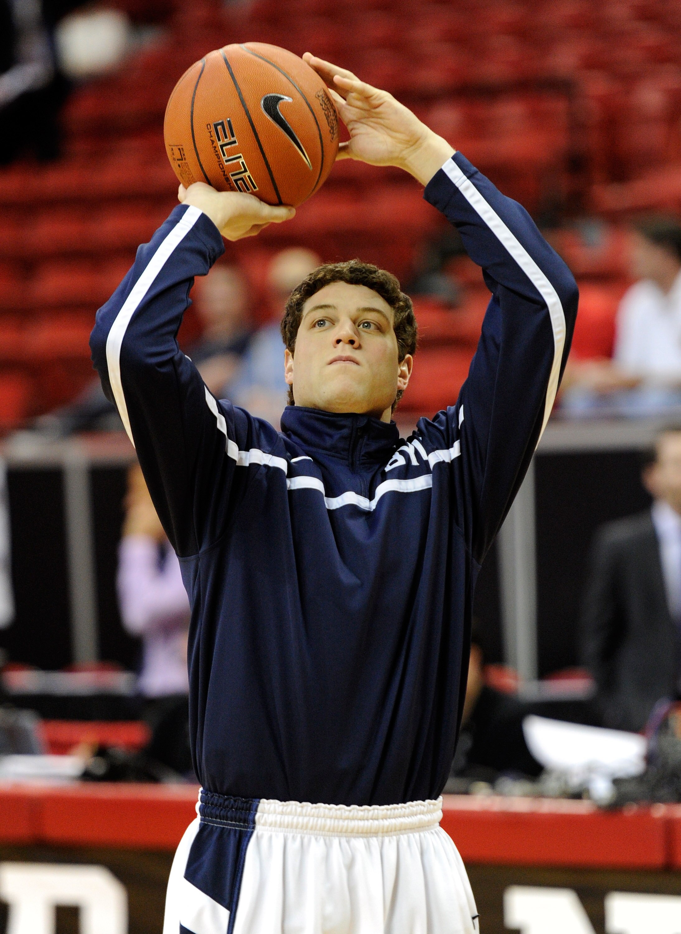 LAS VEGAS, NV - MARCH 10:  Jimmer Fredette #32 of the Brigham Young University Cougars warms up for the team's quarterfinal game in the Conoco Mountain West Conference Basketball tournament against the Texas Christian University Horned Frogs at the Thomas