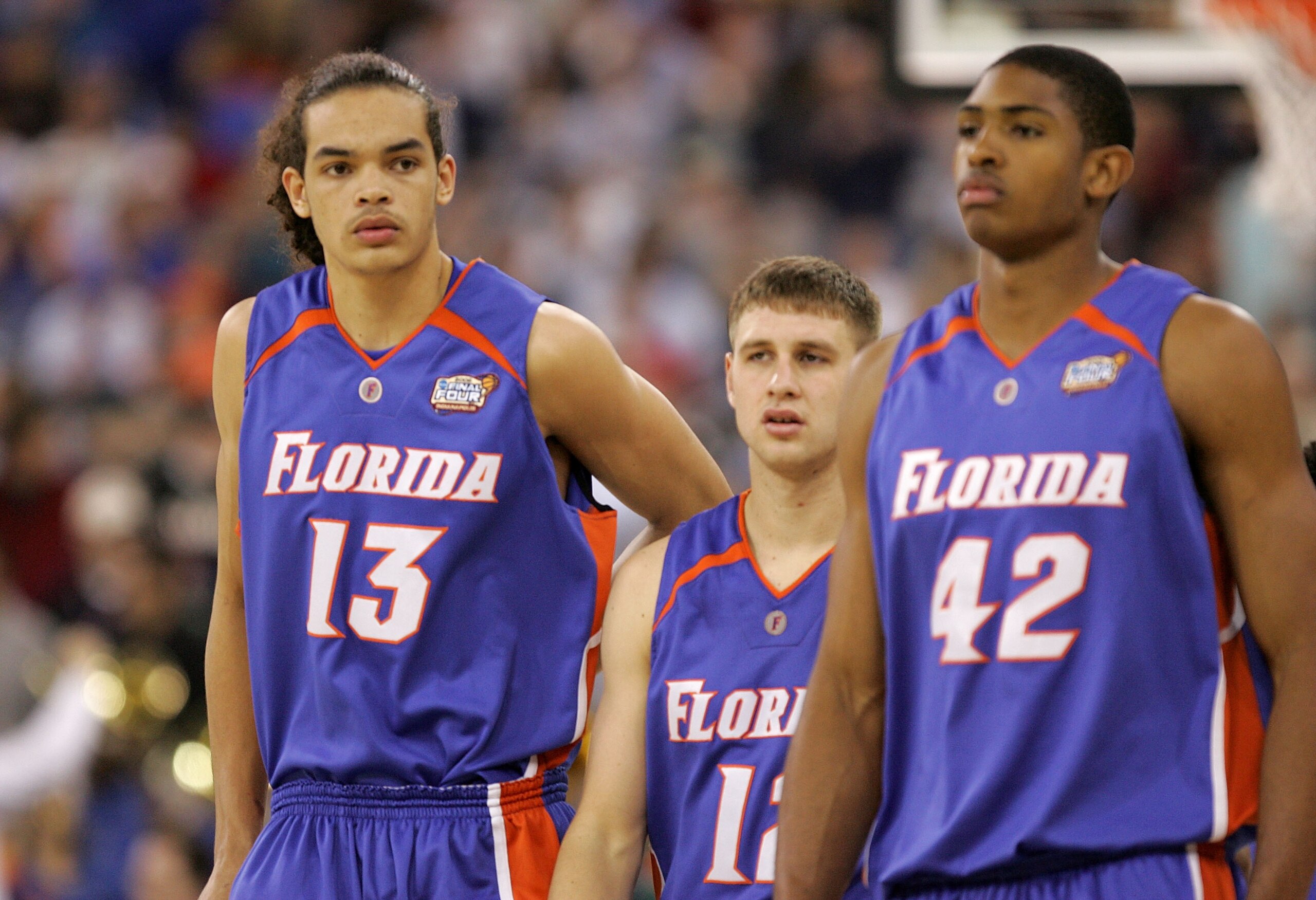 INDIANAPOLIS - APRIL 03:  (L-R) Joakim Noah #13, Lee Humphrey #12 and Al Horford #42 of the Florida Gators on the court against the UCLA Bruins during the National Championship game of the NCAA Men's Final Four on April 3, 2006 at the RCA Dome in Indianap