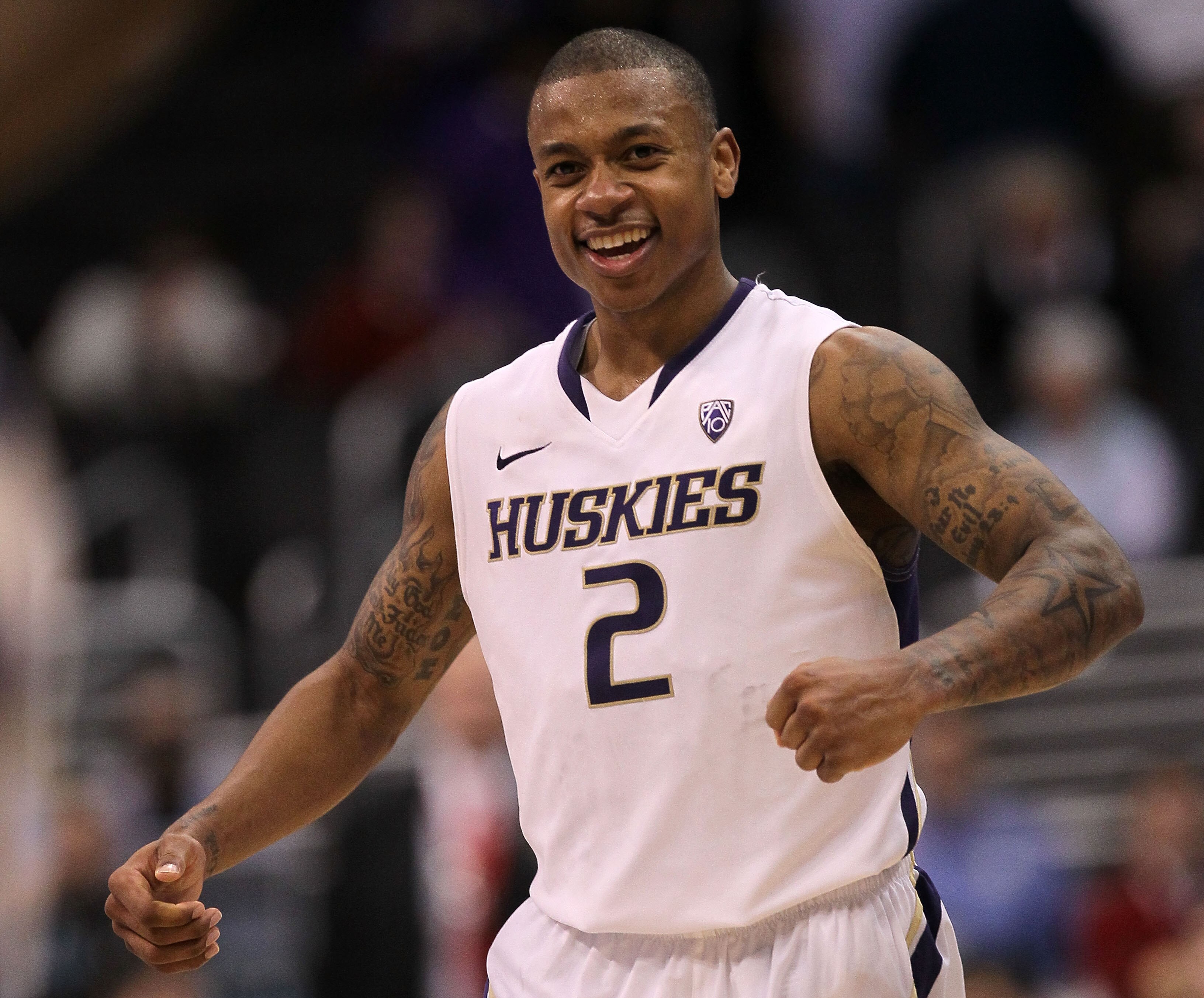 LOS ANGELES, CA - MARCH 10:  Isaiah Thomas #2 of the Washington Huskies reacts in the second half while taking on the Washington State Cougars in the quarterfinals of the 2011 Pacific Life Pac-10 Men's Basketball Tournament at Staples Center on March 10,