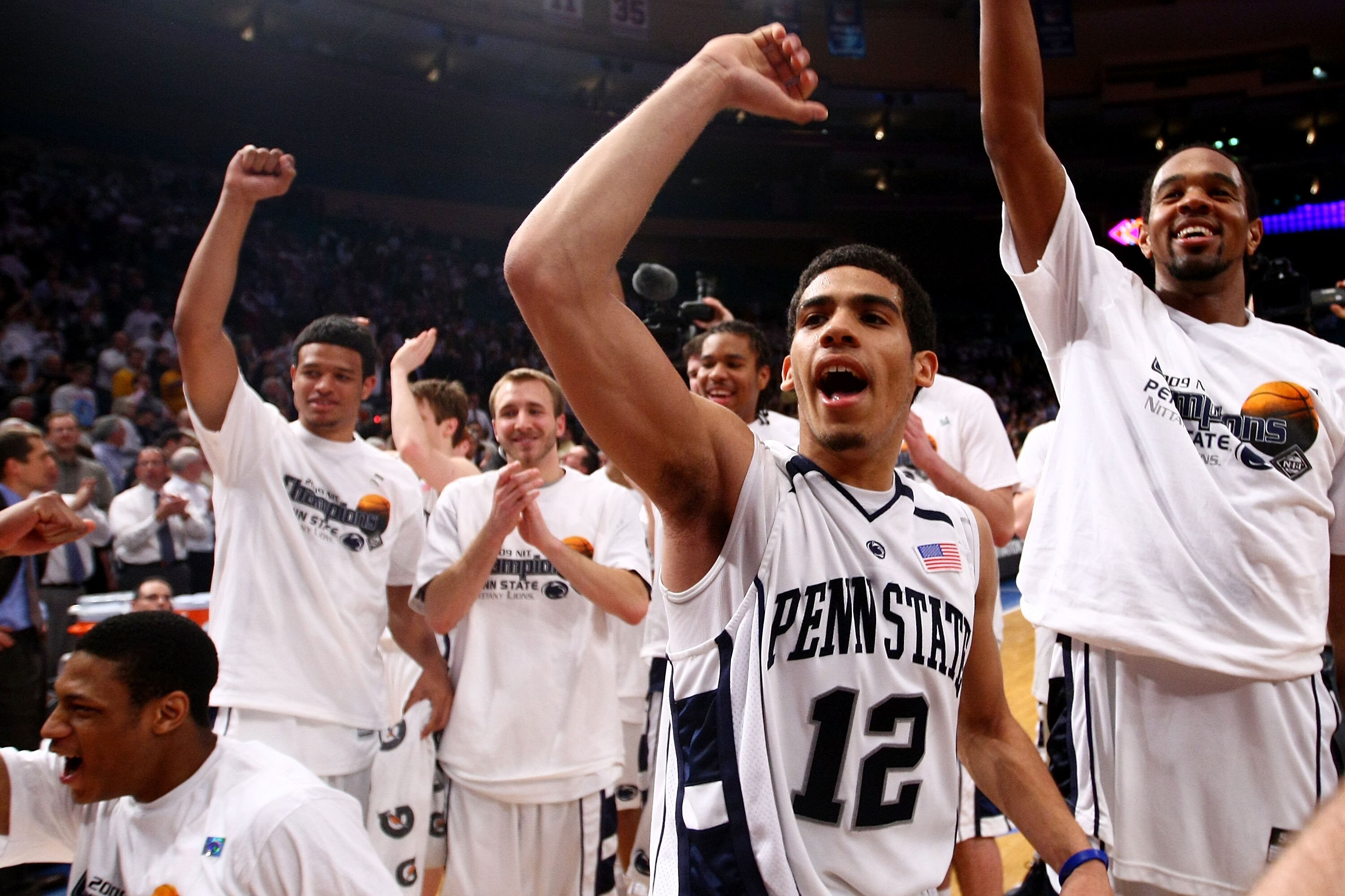 NEW YORK - APRIL 02: Talor Battle #12 of the Penn State Nittany Lions celebrates with team mates after defeating the Baylor Bears during the NIT Championship match at Madison Square Garden on April 2, 2009 in New York, New York.  (Photo by Chris McGrath/G