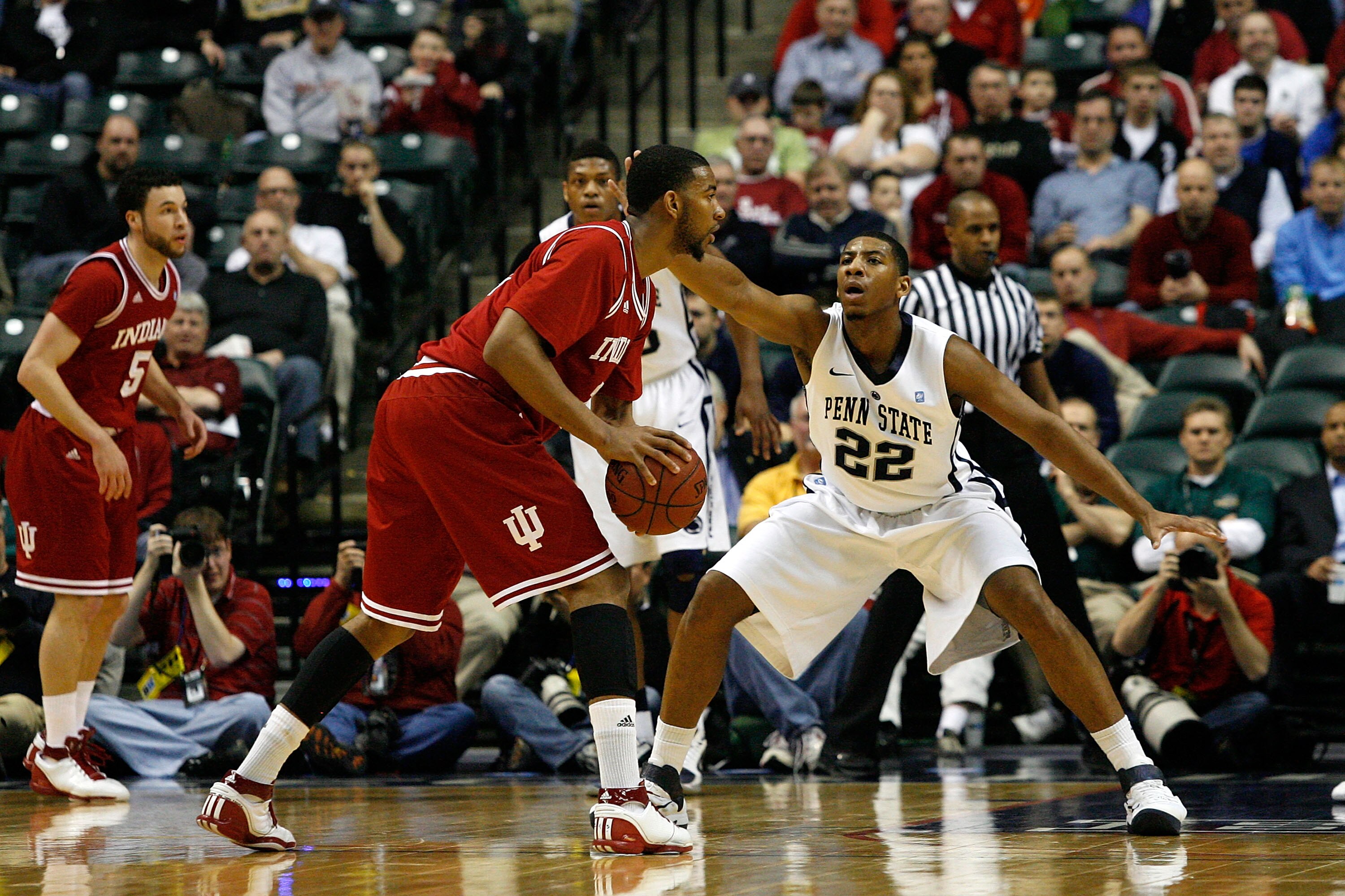 INDIANAPOLIS, IN - MARCH 10:  Andrew Jones #22 of the Penn State Nittany Lions defends against Christian Watford #2 of the Indiana Hoosiers during the first round of the 2011 Big Ten Men's Basketball Tournament at Conseco Fieldhouse on March 10, 2011 in I