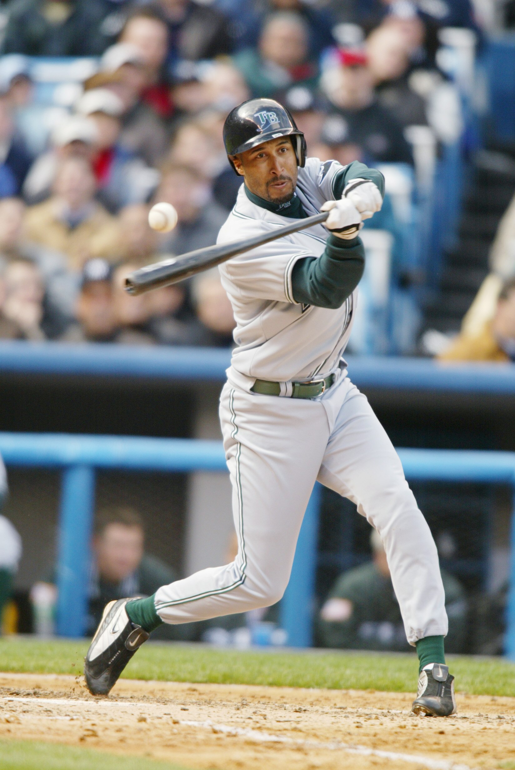05 Apr 2002 : Randy Winn #2 of the Tampa Bay Devil Rays hits against the New York Yankees during the opening day game at Yankee Stadium  in the Bronx, New York. The Yankees won 4-0. DIGITAL IMAGE.  Mandatory Credit: Al Bello/Getty Images