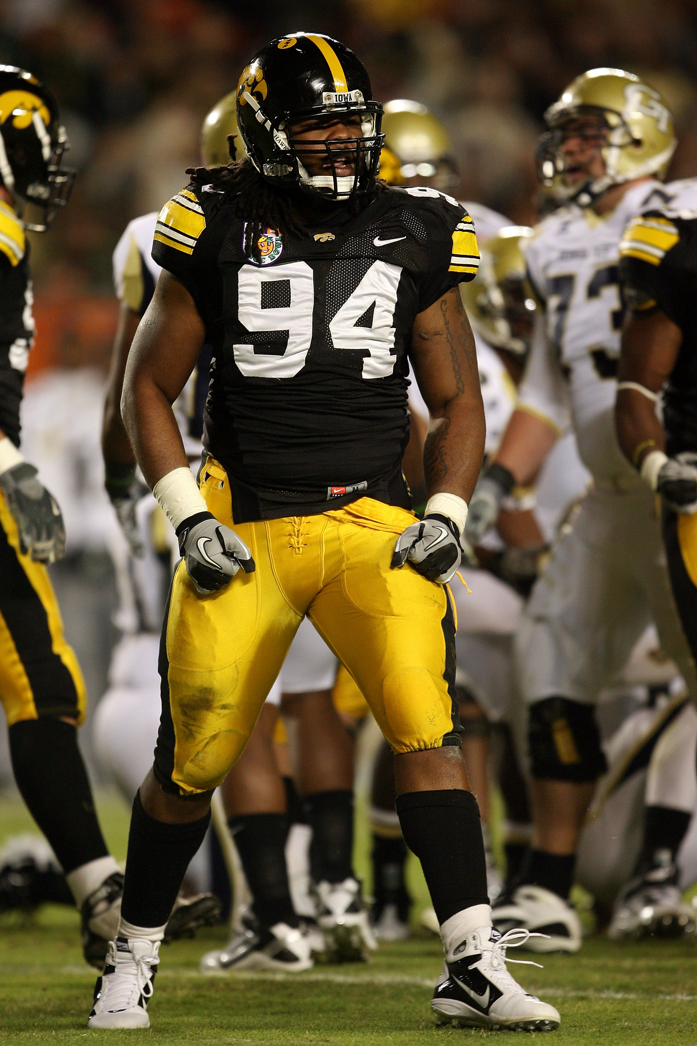 MIAMI GARDENS, FL - JANUARY 05:  Adrian Clayborn #94 of the Iowa Hawkeyes reacts to a defensive stop against the Georgia Tech Yellow Jackets during the FedEx Orange Bowl at Land Shark Stadium on January 5, 2010 in Miami Gardens, Florida.  (Photo by Doug B