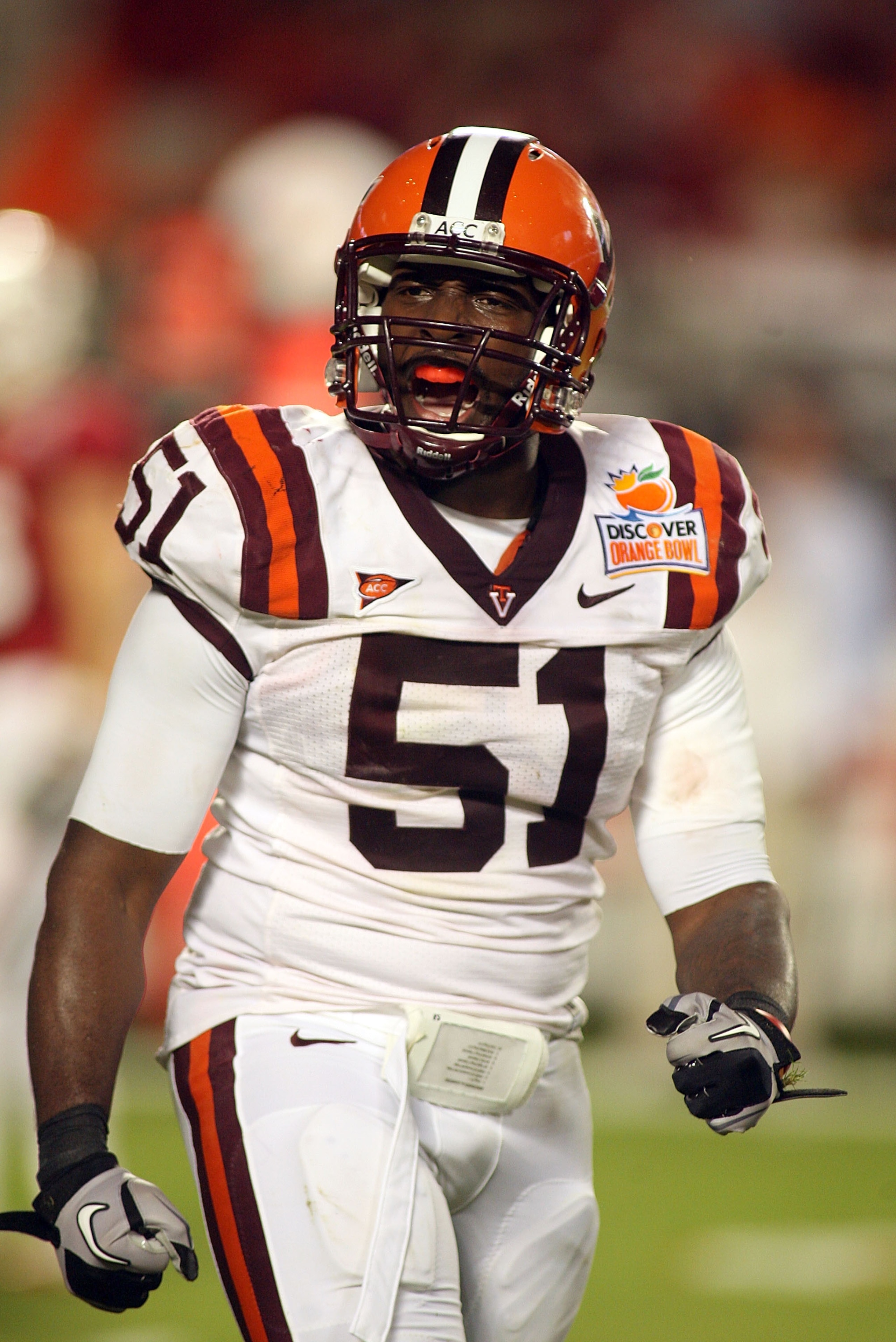 MIAMI, FL - JANUARY 03: Bruce Taylor #51 of the Virginia Tech Hokies reacts against the Stanford Cardinal during the 2011 Discover Orange Bowl at Sun Life Stadium on January 3, 2011 in Miami, Florida. Stanford won 40-12. (Photo by Marc Serota/Getty Image MIAMI, FL - JANUARY 03: Bruce Taylor #51 of the Virginia Tech Hokies reacts against the Stanford Cardinal during the 2011 Discover Orange Bowl at Sun Life Stadium on January 3, 2011 in Miami, Florida. Stanford won 40-12. (Photo by Marc Serota/Getty Image