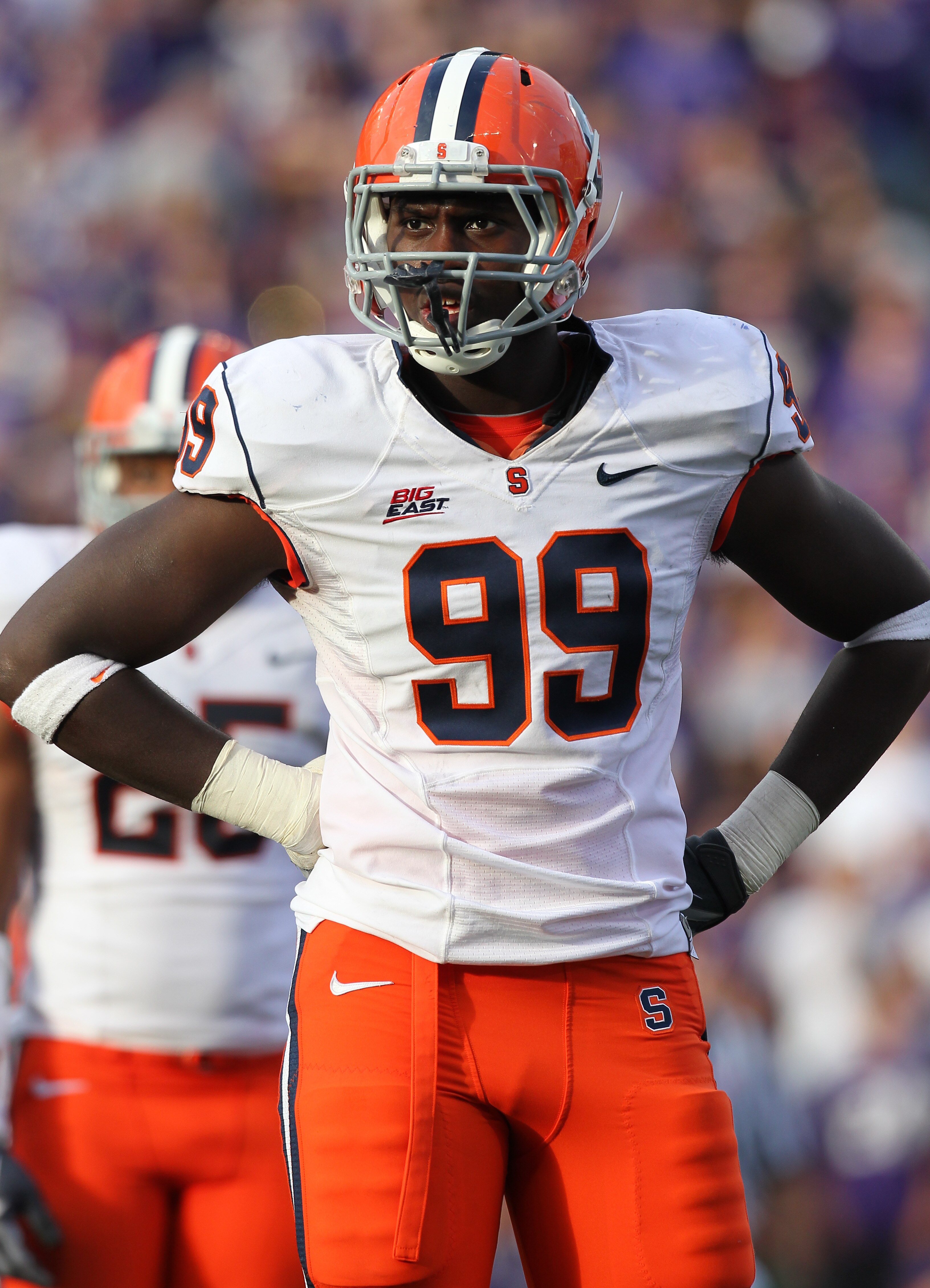 SEATTLE - SEPTEMBER 11:  Chandler Jones #99 of the Syracuse Orange looks on during the game against the Washington Huskies on September 11, 2010 at Husky Stadium in Seattle, Washington. (Photo by Otto Greule Jr/Getty Images)