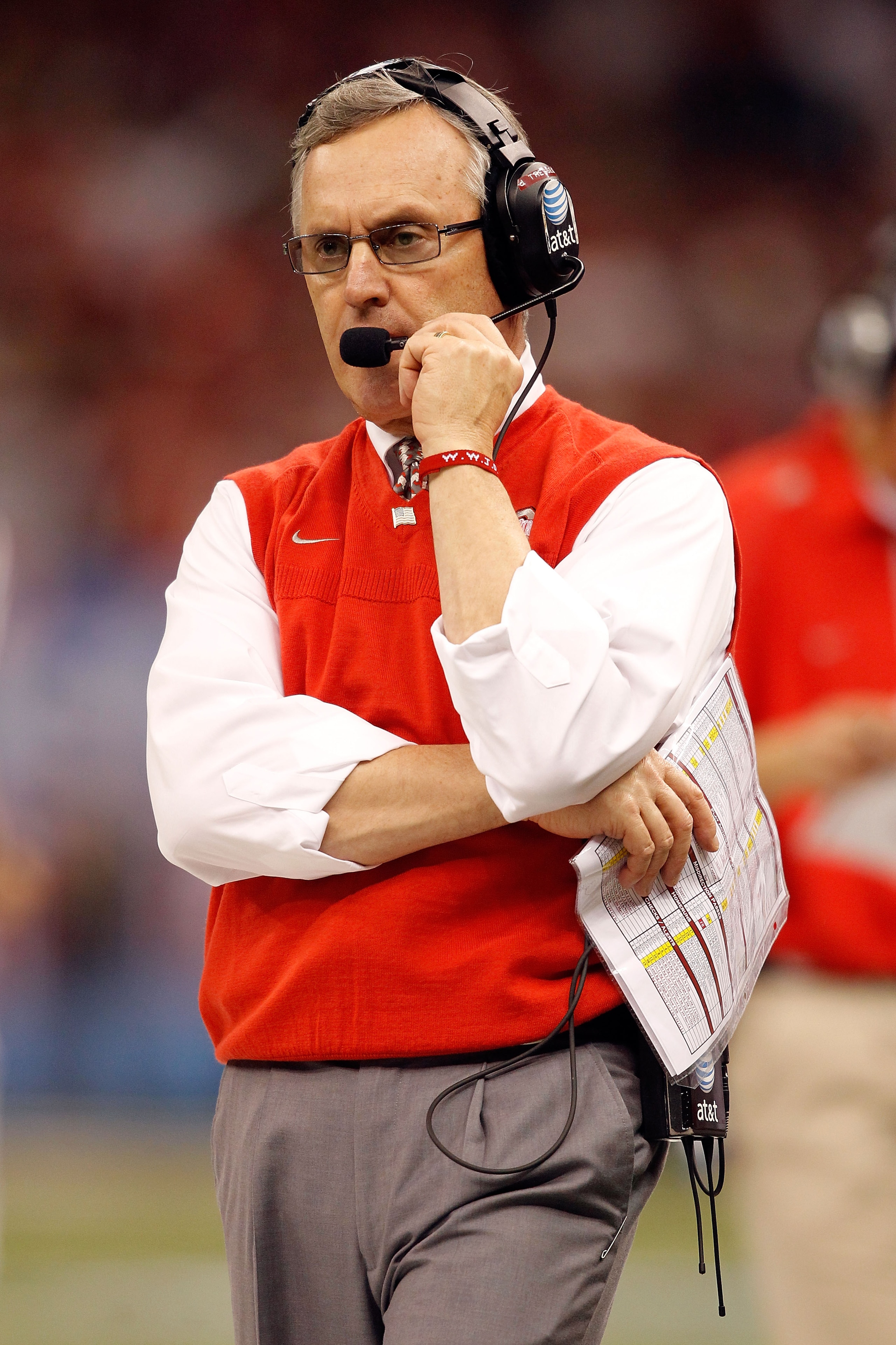 NEW ORLEANS, LA - JANUARY 04:  Head coach Jim Tressel of the Ohio State Buckeyes looks on against the Arkansas Razorbacks during the Allstate Sugar Bowl at the Louisiana Superdome on January 4, 2011 in New Orleans, Louisiana.  (Photo by Matthew Stockman/G