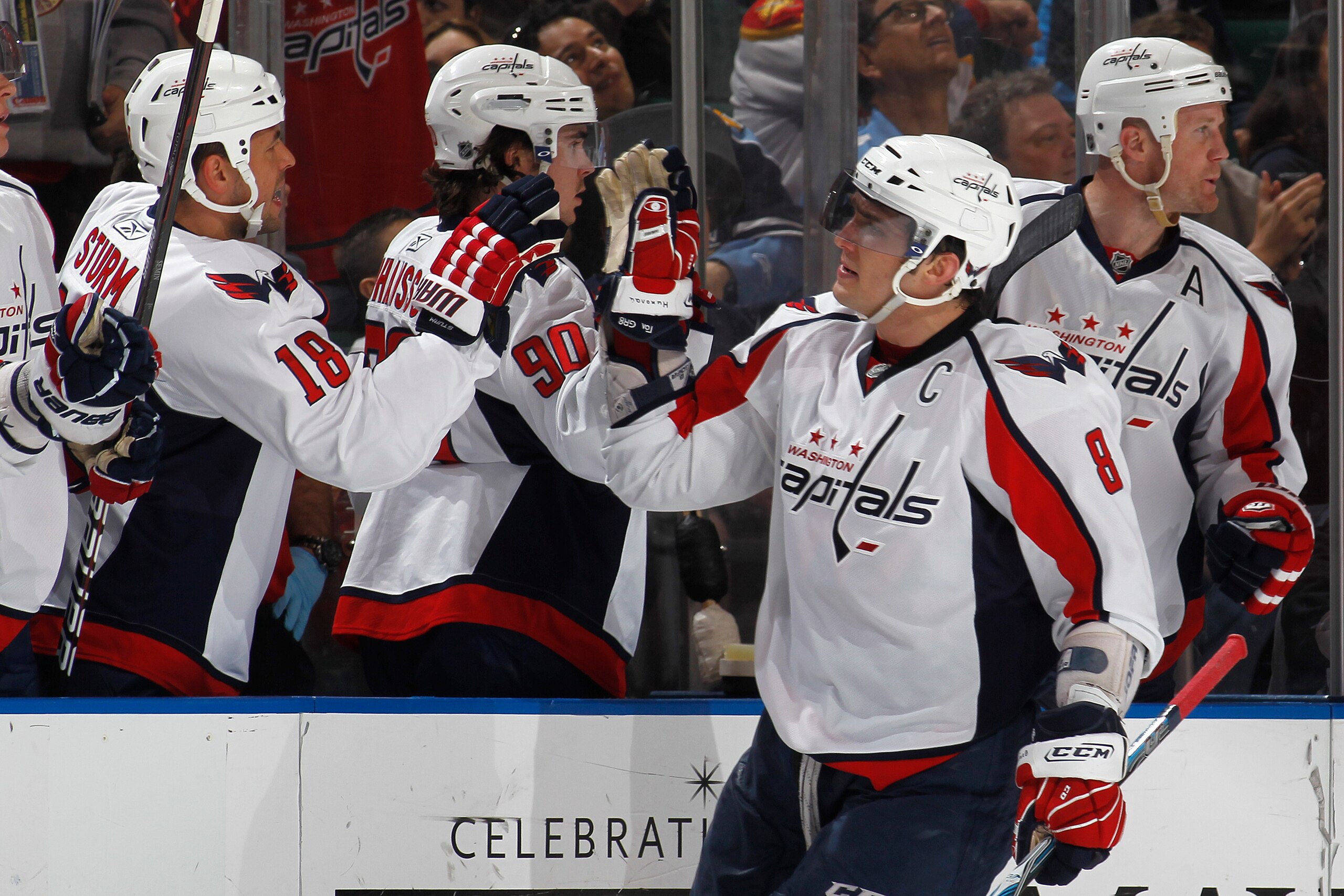 SUNRISE, FL - MARCH 6: Alex Ovechkin #8 of the Washington Capitals is congratulated after assisting on a first period goal against the Florida Panthers on March 6, 2011 at the BankAtlantic Center in Sunrise, Florida. (Photo by Joel Auerbach/Getty Images)