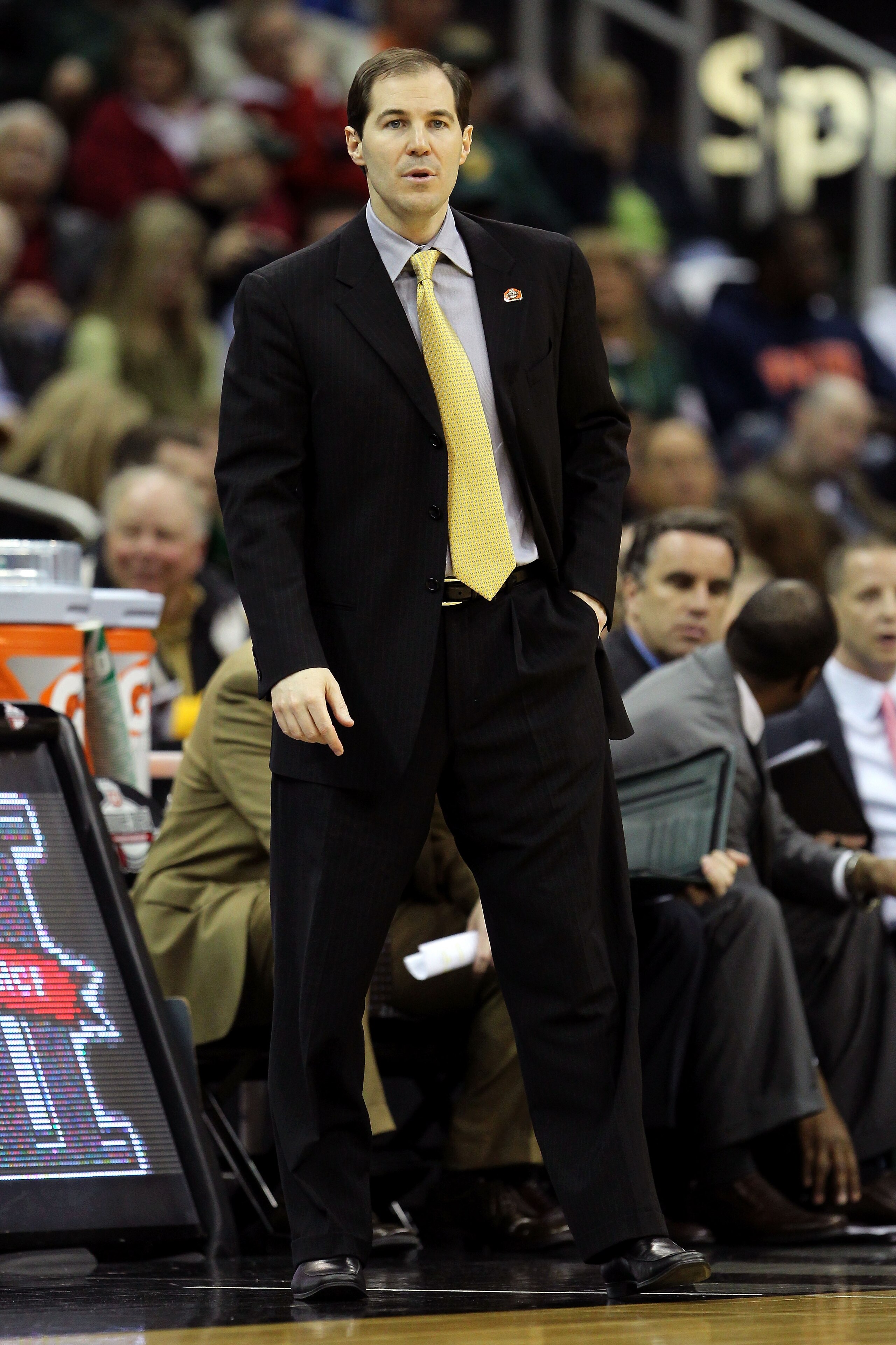 KANSAS CITY, MO - MARCH 09:  Head coach Scott Drew of the Baylor Bears looks on from the sidelines during their game against the Oklahoma Sooners in the first round of the 2011 Phillips 66 Big 12 Men's Basketball Tournament at Sprint Center on March 9, 20