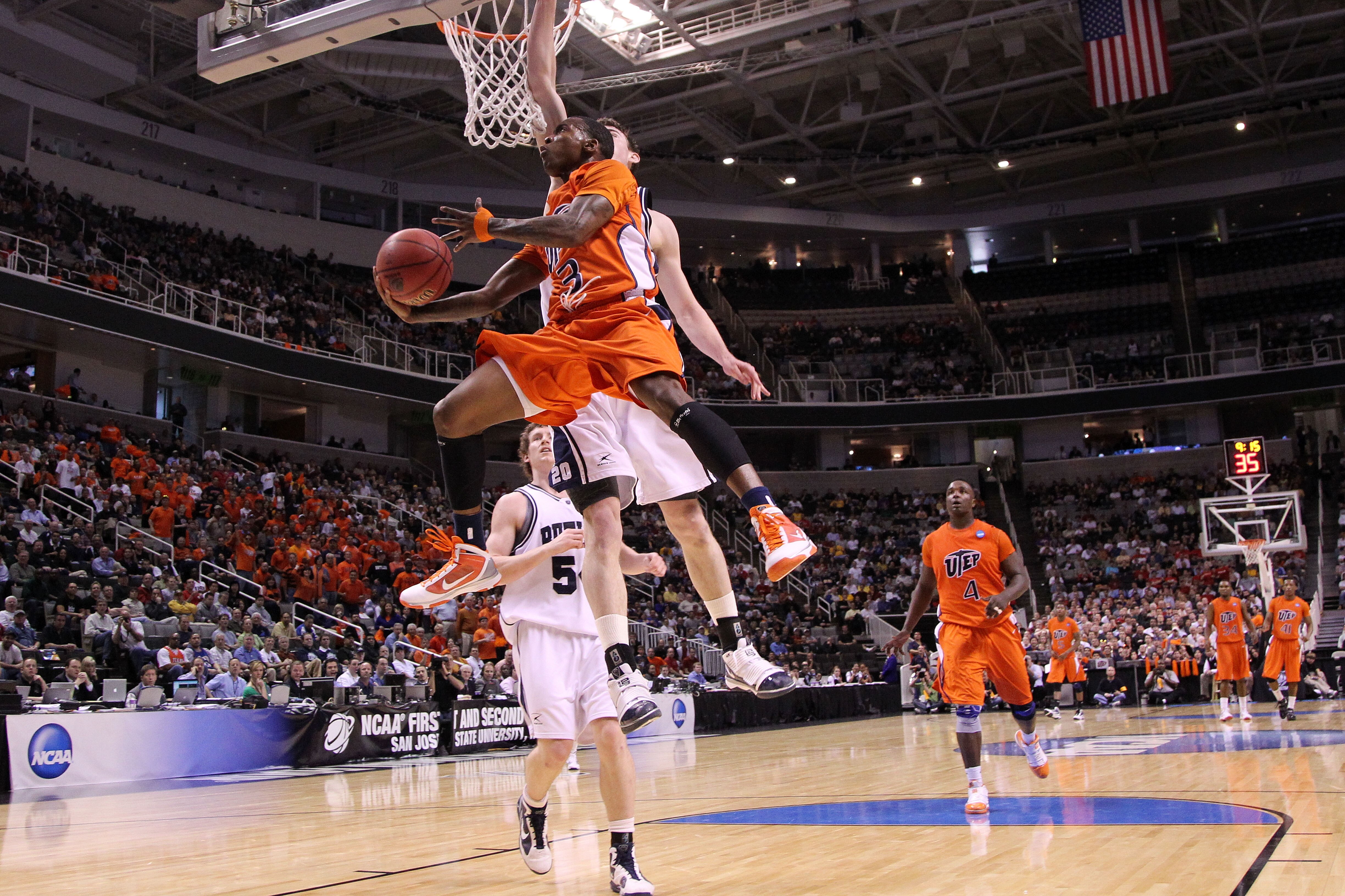 SAN JOSE, CA - MARCH 18:  Guard Randy Culpepper #3 of the UTEP Miners takes a shot against forward Gordon Hayward #20 of the Butler Bulldogs during the first round of the 2010 NCAA men's basketball tournament at HP Pavilion on March 18, 2010 in San Jose,