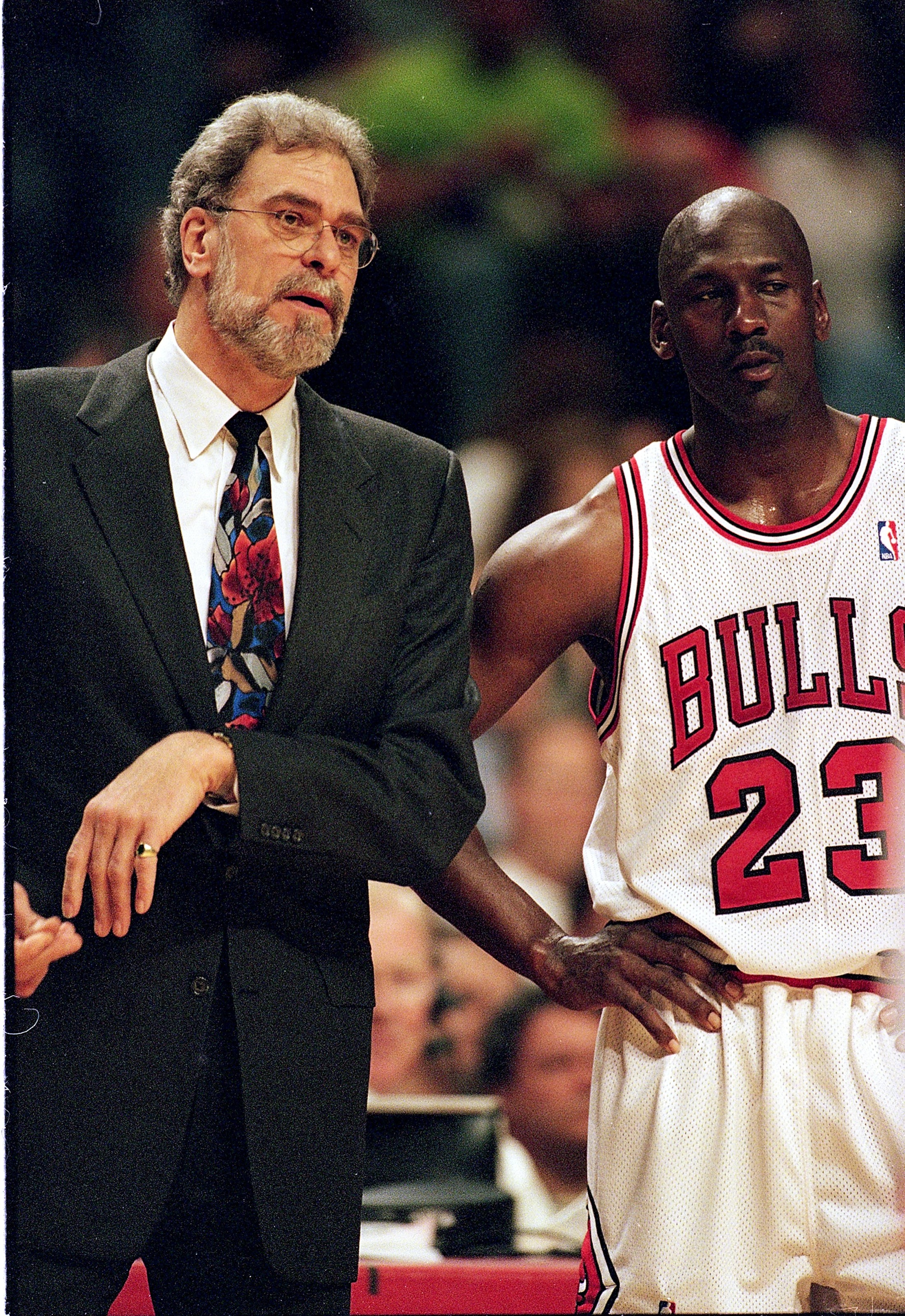 13 Apr 1998:  Michael Jordan #23 of the Chicago Bulls listen to Head Coach Phil Jackson during a game against the Indian Pacers at the United Center in Chicago, Illinois.   Mandatory Credit: Jonathan Daniel  /Allsport