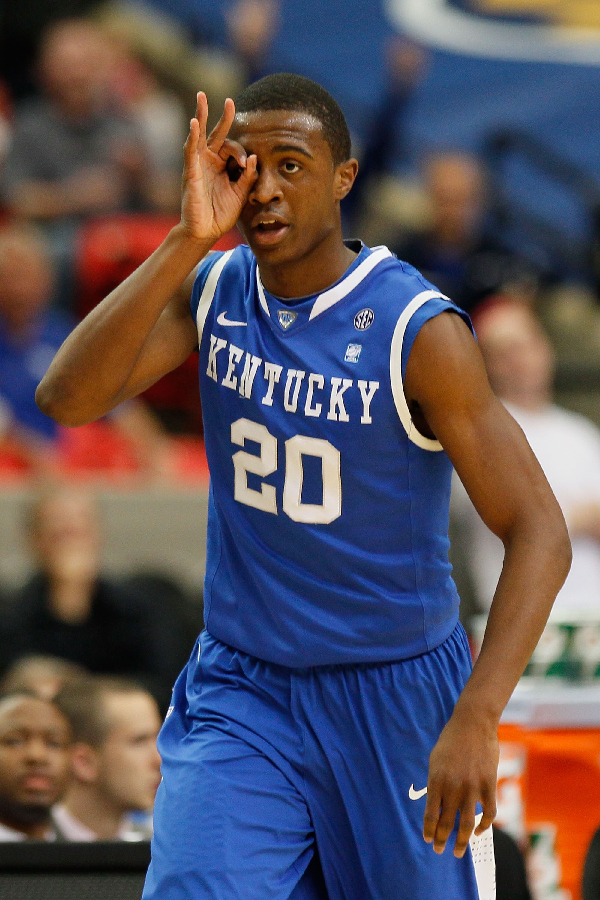 ATLANTA, GA - MARCH 12:  Doron Lamb #20 of the Kentucky Wildcats celebrates against the Alabama Crimson Tide during the semifinals of the SEC Men's Basketball Tournament at Georgia Dome on March 12, 2011 in Atlanta, Georgia.  (Photo by Kevin C. Cox/Getty