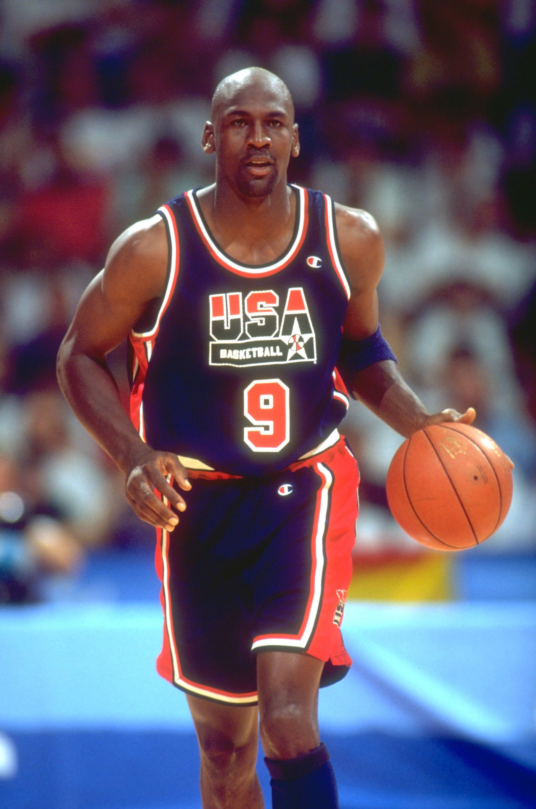 29 JUL 1992:  MICHAEL JORDAN OF THE UNITED STATES DRIBBLES THE BALL DOWN THE COURT DURING A BASKETBALL MATCH AGAINST GERMANY AT THE 1992 BARCELONA OLYMPICS IN BARCELONA, SPAIN.