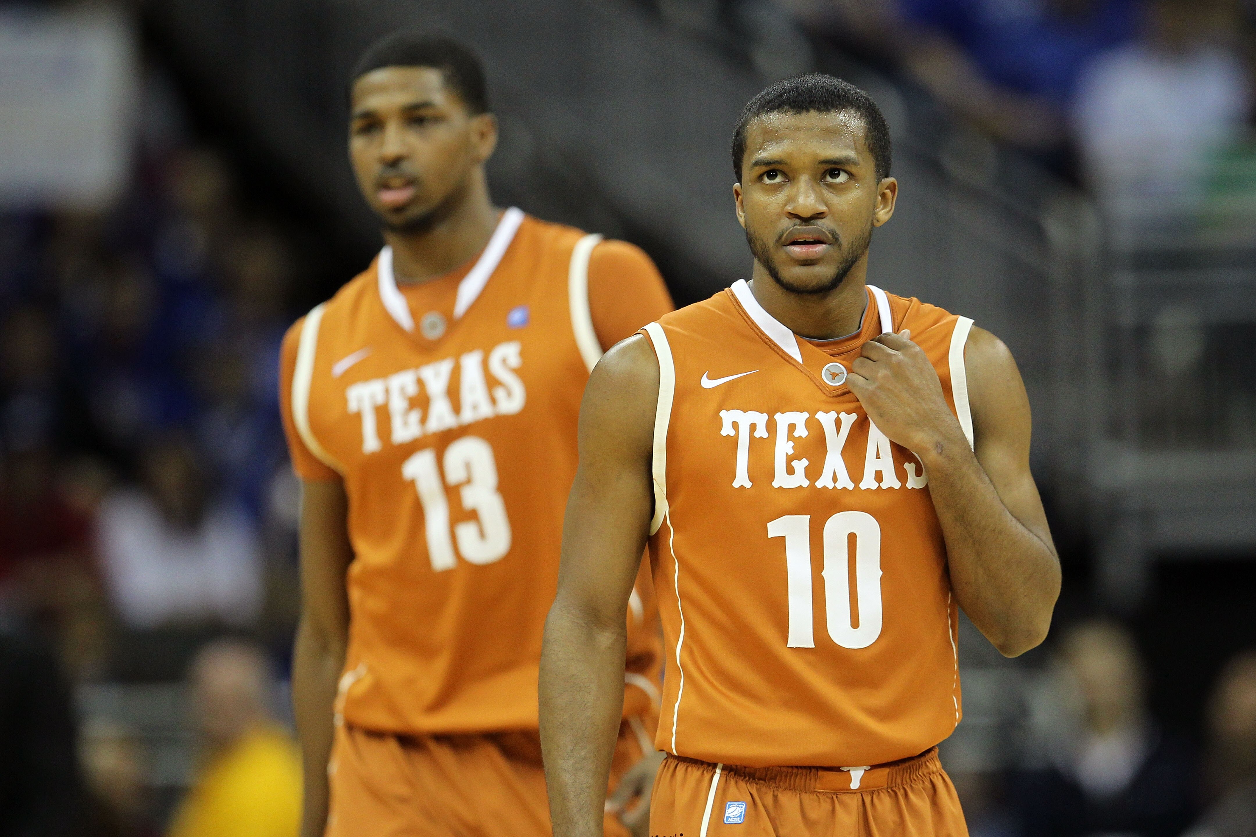KANSAS CITY, MO - MARCH 12:  Jai Lucas #10 and Tristan Thompson #13 of the Texas Longhorns react during the 2011 Phillips 66 Big 12 Men's Basketball Tournament championship game against the Kansas Jayhawks at Sprint Center on March 12, 2011 in Kansas City