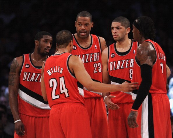 LOS ANGELES, CA - MARCH 20:   Wesley Mathews #2, Marcus Camby #23, Nicolas Batum #88, Gerald Wallace #3 and Andre MIller #24 of the Portland Trail Blazers meet on the court against the Los Angeles Lakers at the Staples Center on March 20, 2011 in Los Ange