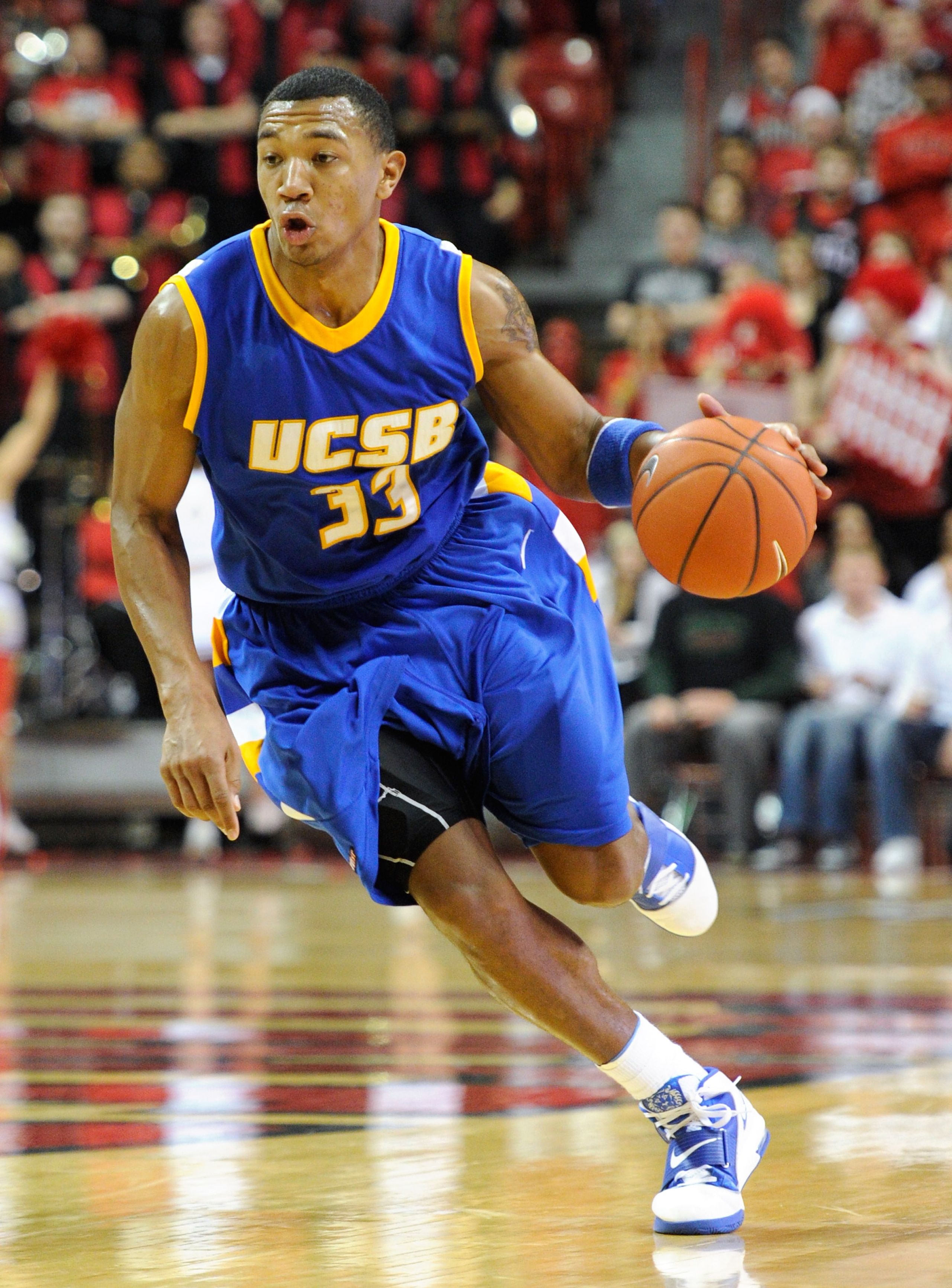 LAS VEGAS, NV - DECEMBER 15:  Orlando Johnson #33 of the UC Santa Barbara Gauchos drives against the UNLV Rebels during their game at the Thomas & Mack Center December 15, 2010 in Las Vegas, Nevada. UC Santa Barbara won 68-62.  (Photo by Ethan Miller/Gett