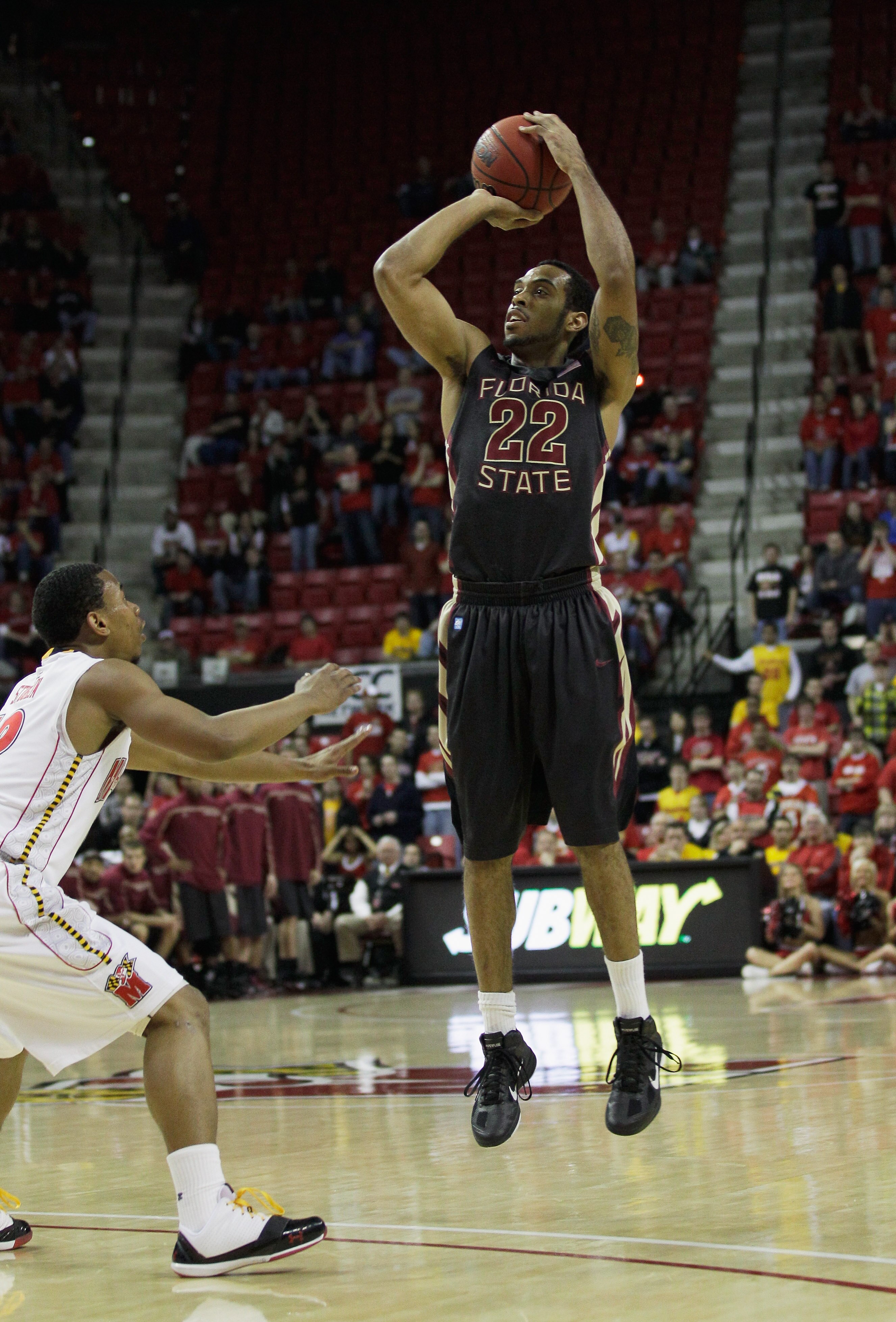 COLLEGE PARK, MD - FEBRUARY 23: Derwin Kitchen #22 of the Florida State Seminolesshoots against the Maryland Terrapins at the Comast Center on February 23, 2011 in College Park, Maryland.  (Photo by Rob Carr/Getty Images)
