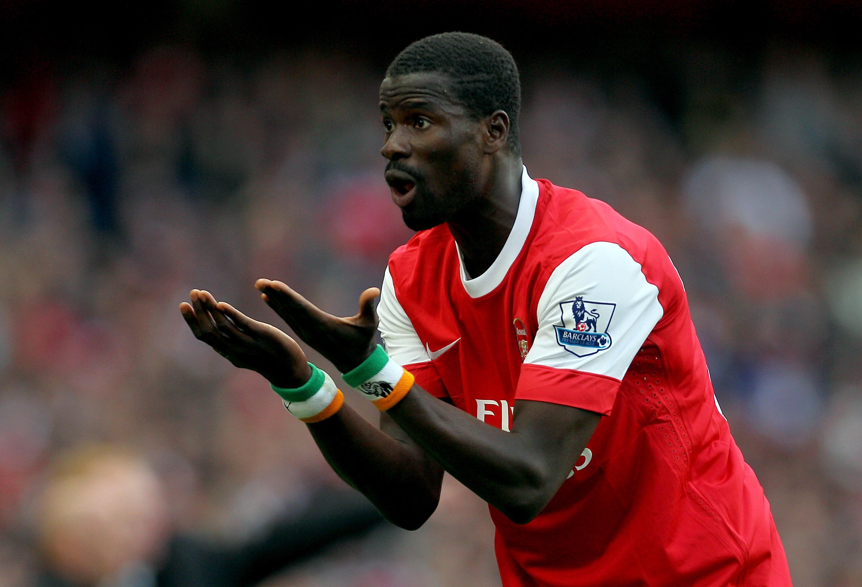 LONDON, ENGLAND - OCTOBER 16:  Emmanuel Eboue of Arsenal protests to the linesman during the Barclays Premier League match between Arsenal and Birmingham City at Emirates Stadium on October 16, 2010 in London, England.  (Photo by Clive Rose/Getty Images)