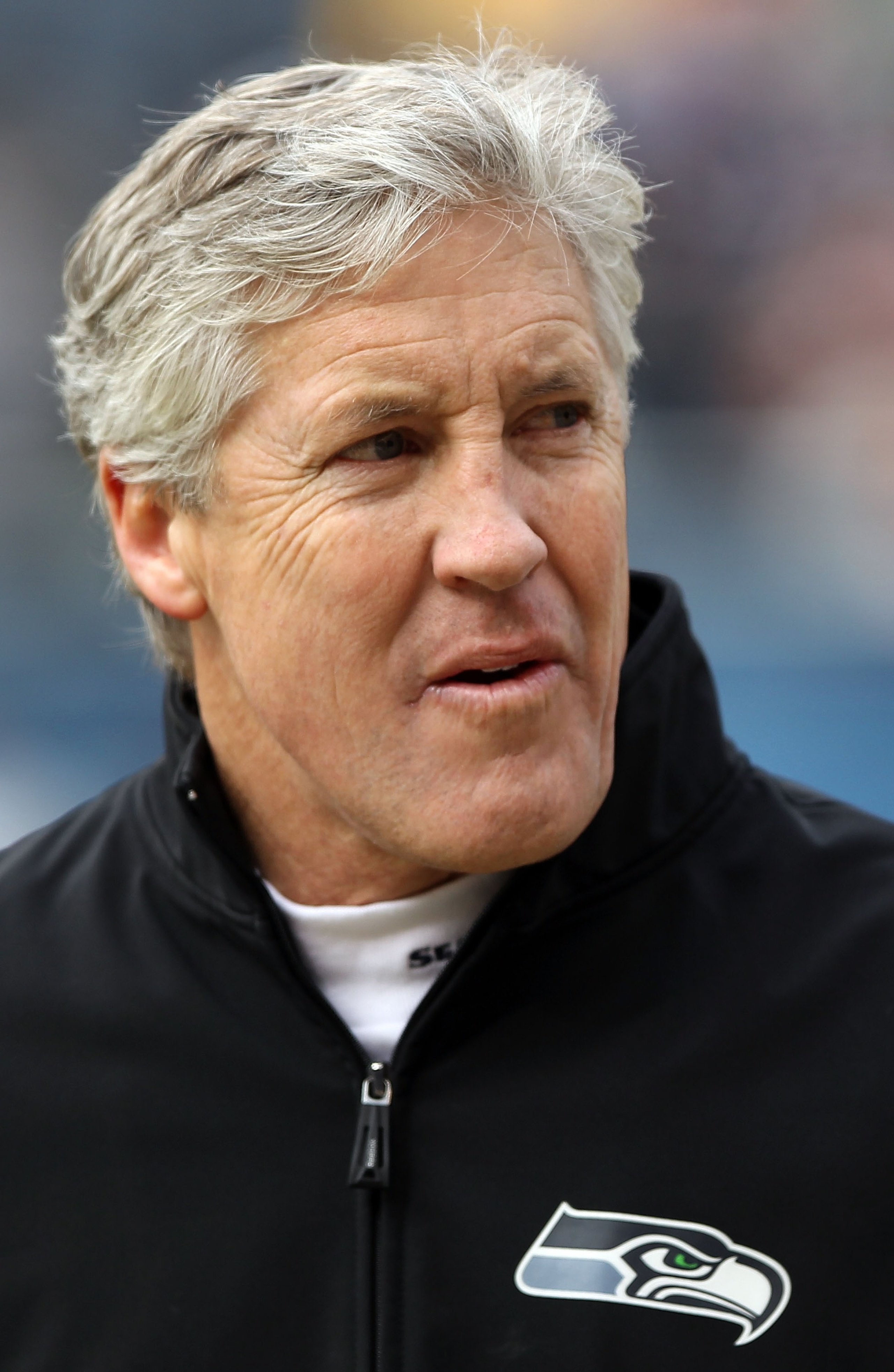 CHICAGO, IL - JANUARY 16:  Head coach Pete Carroll of the Seattle Seahawks looks on during pregame warmups before the Seahawks take on the Chicago Bears in the 2011 NFC divisional playoff game at Soldier Field on January 16, 2011 in Chicago, Illinois.  (P