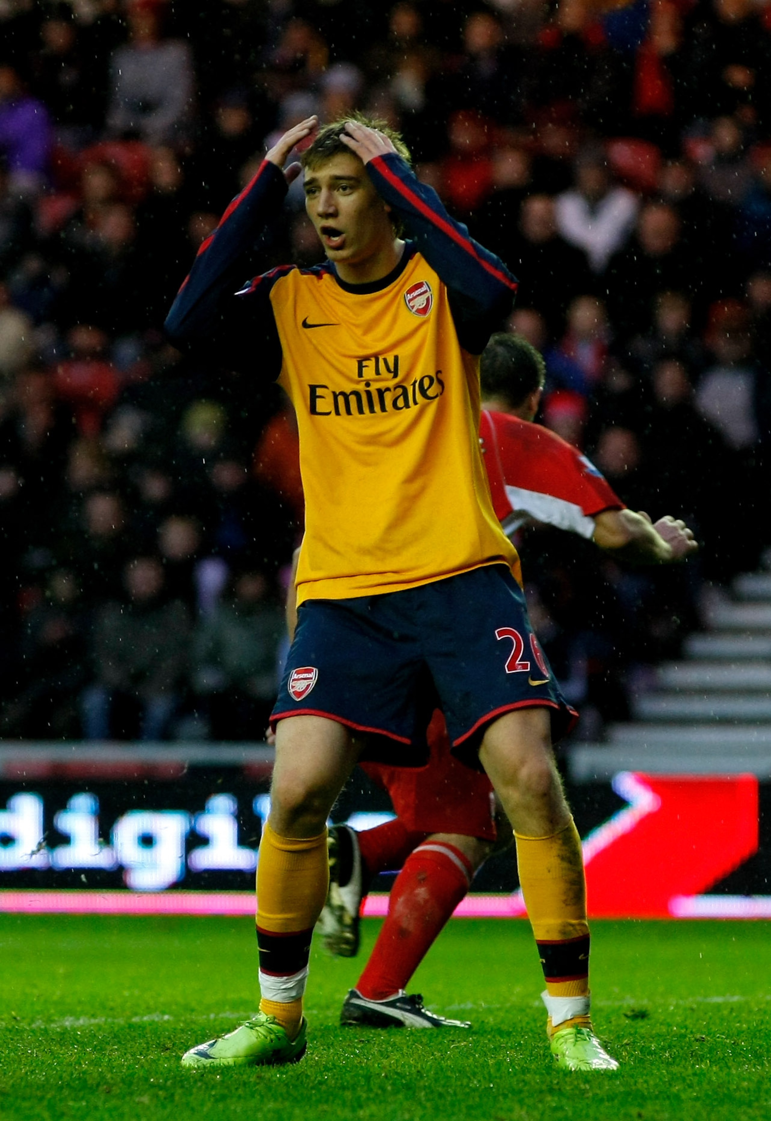 MIDDLESBROUGH, UNITED KINGDOM - DECEMBER 13: Arsenal striker Nicklas Bendtner holds his head after a near miss during the Barclays Premier League match between Middlesbrough and Arsenal at The Riverside Stadium on December 13, 2008 in Middlesbrough, Engla