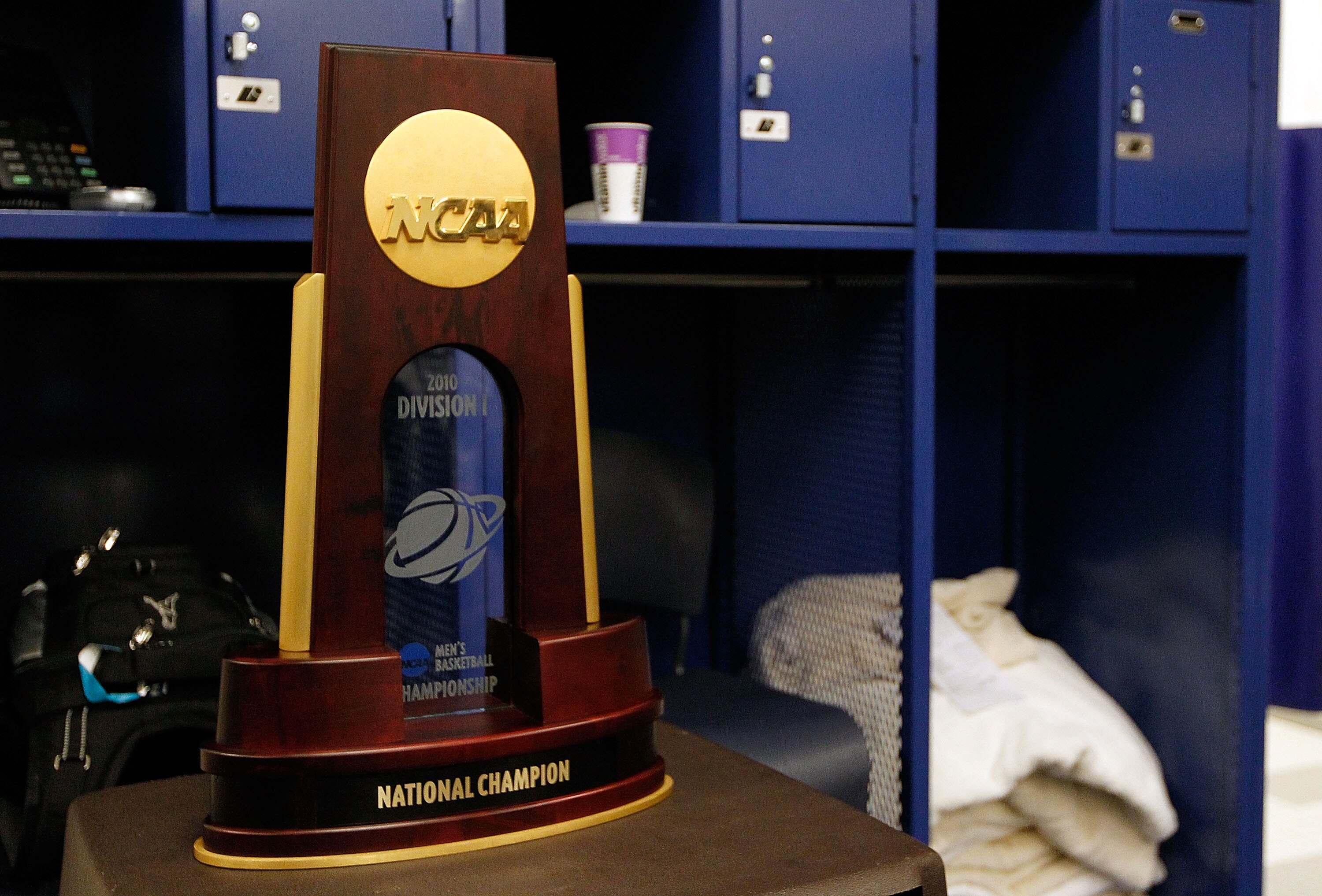 INDIANAPOLIS - APRIL 05:  The national championship trophy sits in the Duke Blue Devils locker room after the Blue Devils won 61-59 against the Butler Bulldogs during the 2010 NCAA Division I Men's Basketball National Championship game at Lucas Oil Stadiu