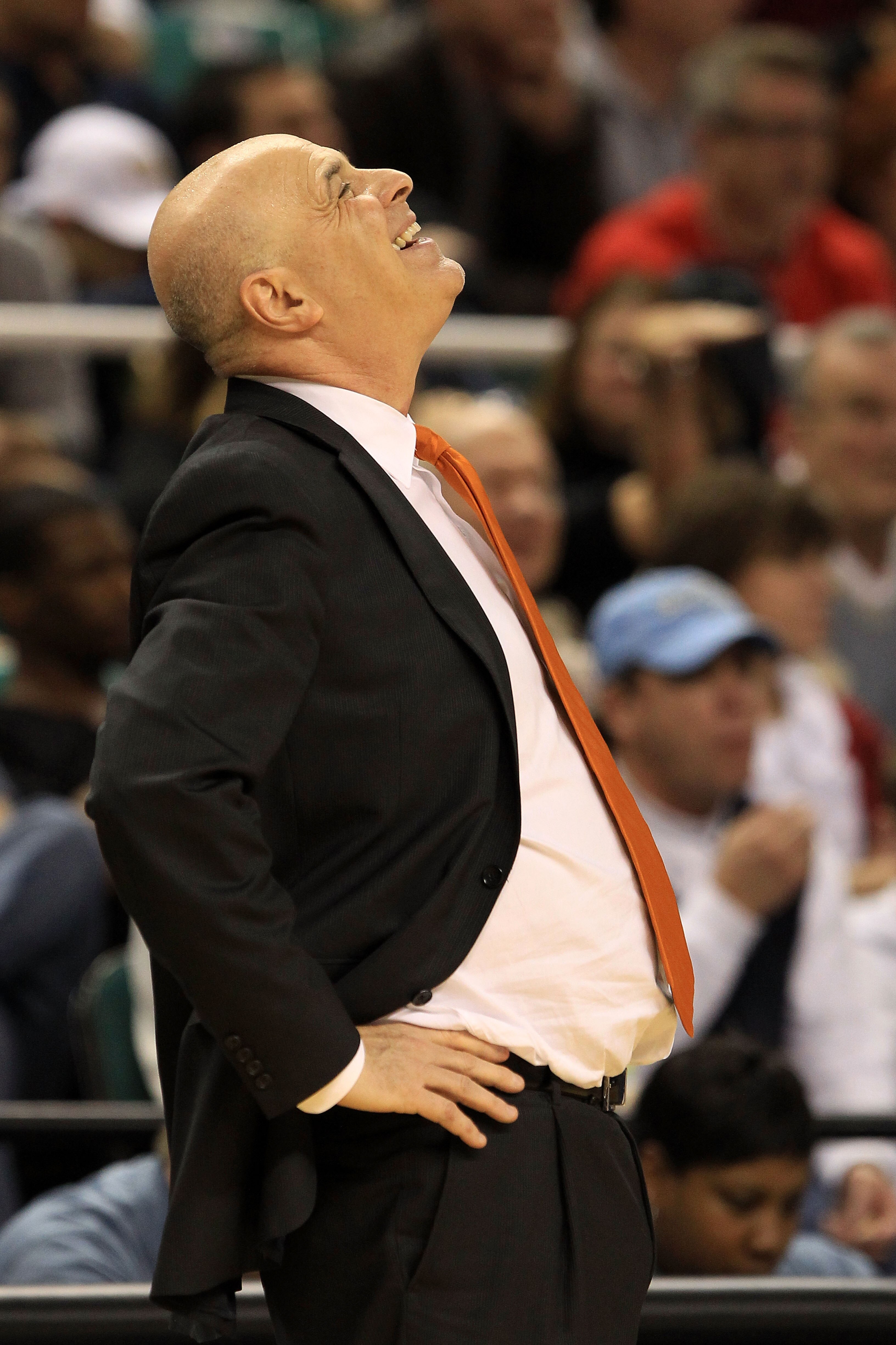 GREENSBORO, NC - MARCH 11:  Head coach Seth Greenberg of the Virginia Tech Hokies reacts during the first half of the game against the Florida State Seminoles in the quarterfinals of the 2011 ACC men's basketball tournament at the Greensboro Coliseum on M