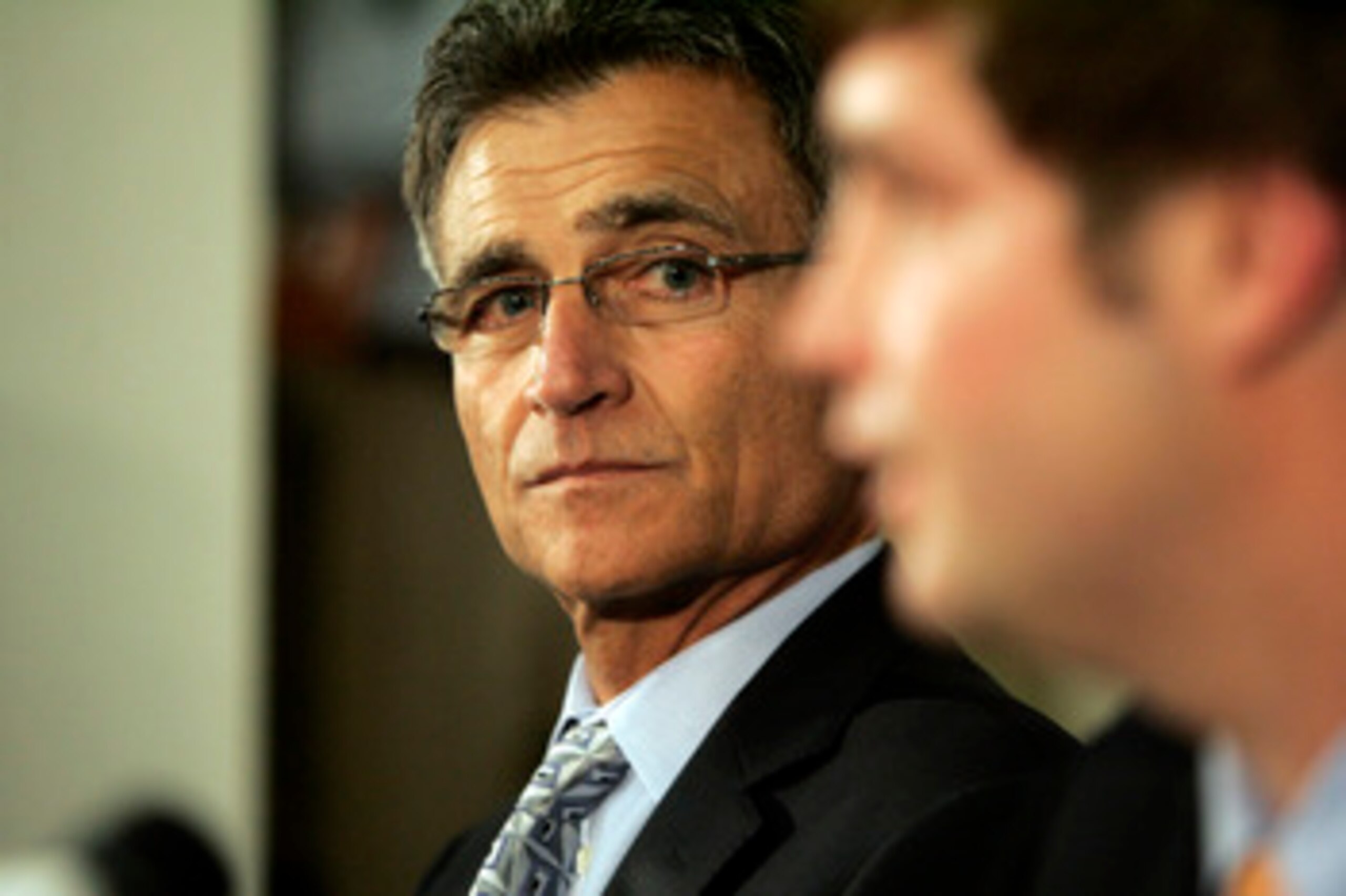 LAKE FOREST, IL - APRIL 3: The Chicago Bears General manager Jerry Angelo looks on as the Bears announce Jay Cutler as their new quarterback during a press conference on April 3, 2009 at Halas Hall in Lake Forest, Illinois.  (Photo by Jim Prisching/Getty
