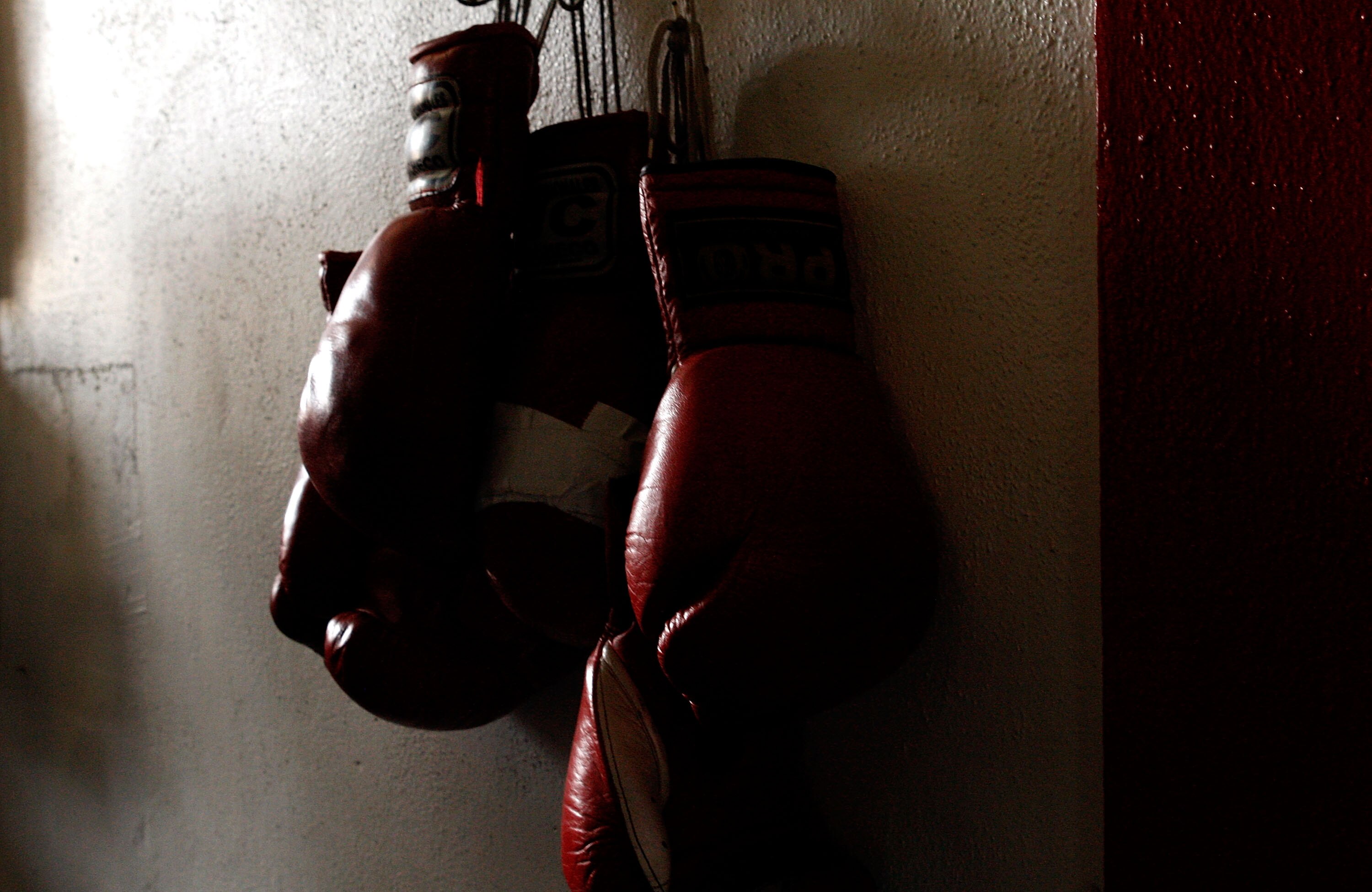 LOS ANGELES, CA - SEPTEMBER 29: Boxing gloves hang on the wall at the Urbina Westside Boxing Gym where Israel Vasquez Two-time Junior Featherweight World Champion had a workout session on September 29, 2009 in Los Angeles, California.  Vasquez will return