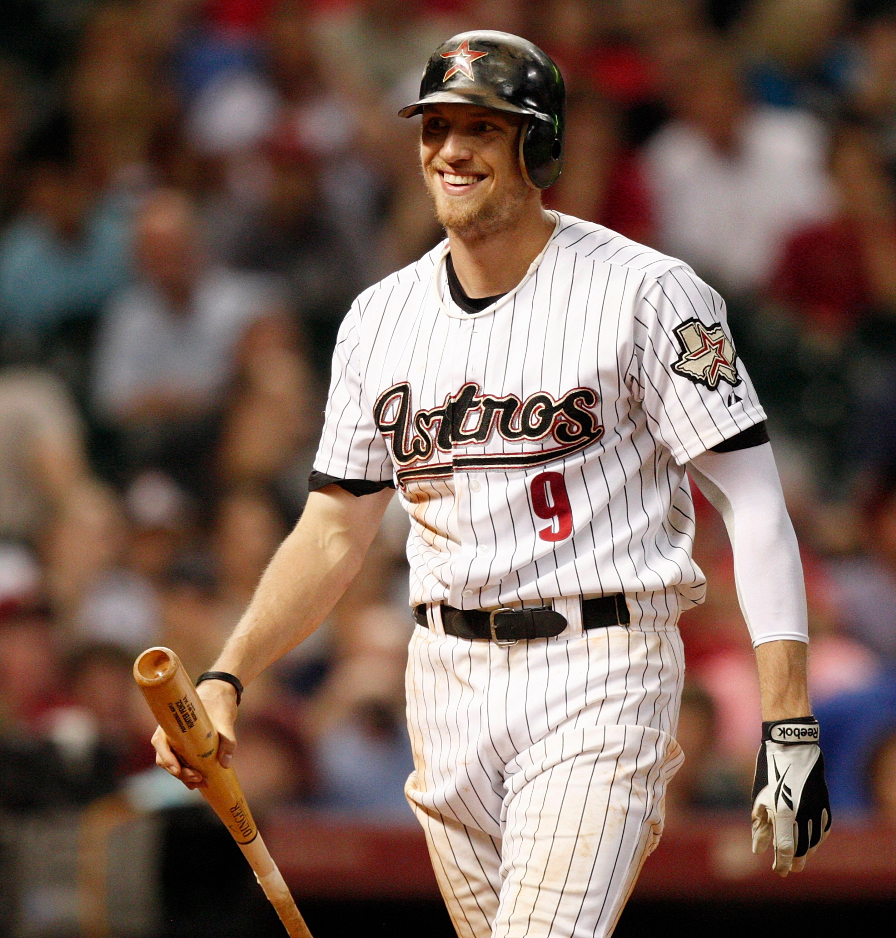 HOUSTON - AUGUST 30:  Hunter Pence #9 of the Houston Astros smiles as he walks back to the dugout after striking out swinging against the St. Louis Cardinals at Minute Maid Park on August 30, 2010 in Houston, Texas. The Astros beat the Cardinals 3-0.  (Ph