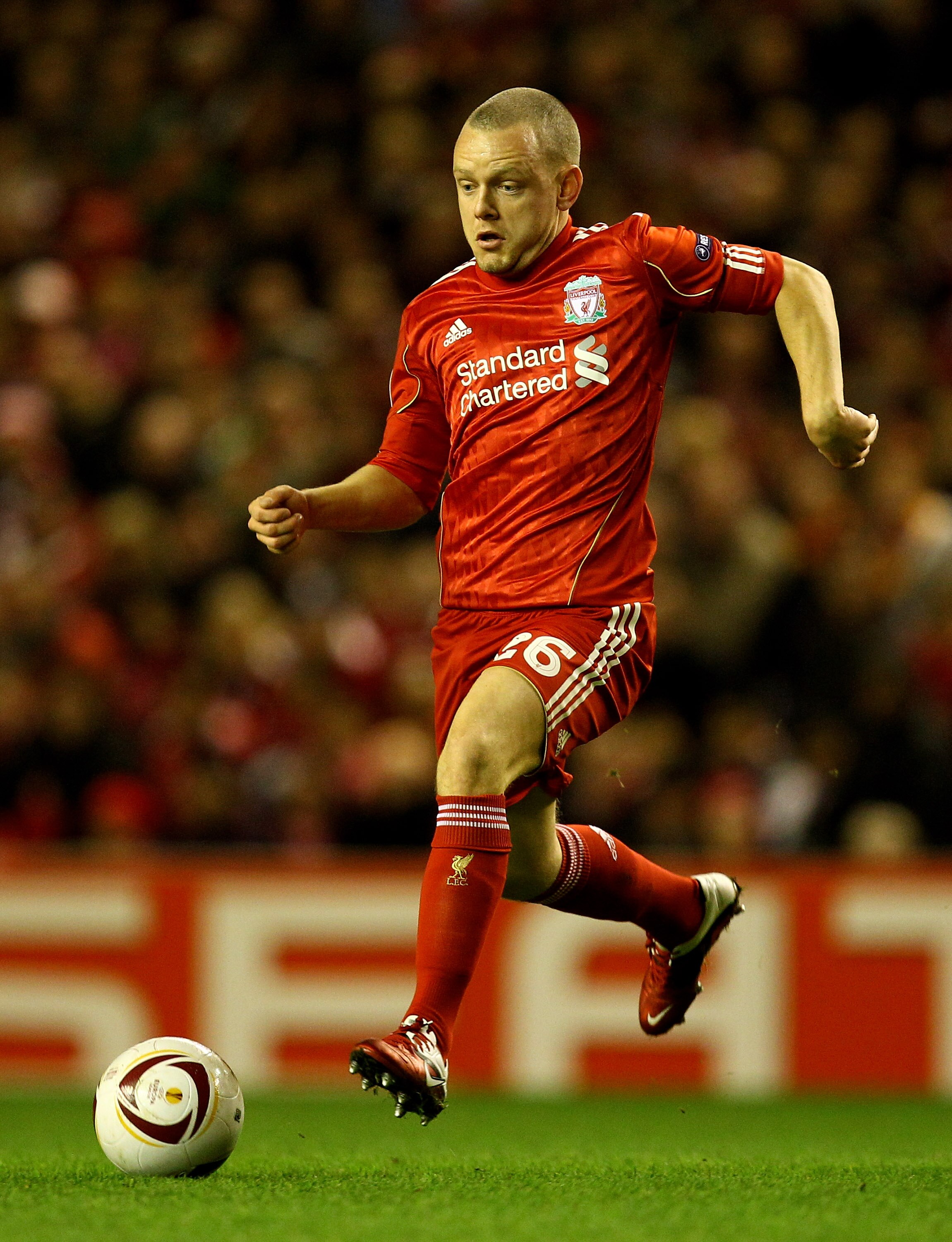 LIVERPOOL, ENGLAND - FEBRUARY 24:  Jay Spearing of Liverpool in action during the UEFA Europa League Round of 32 2nd leg match beteween Liverpool and Sparta Prague at Anfield on February 24, 2011 in Liverpool, England.  (Photo by Richard Heathcote/Getty I
