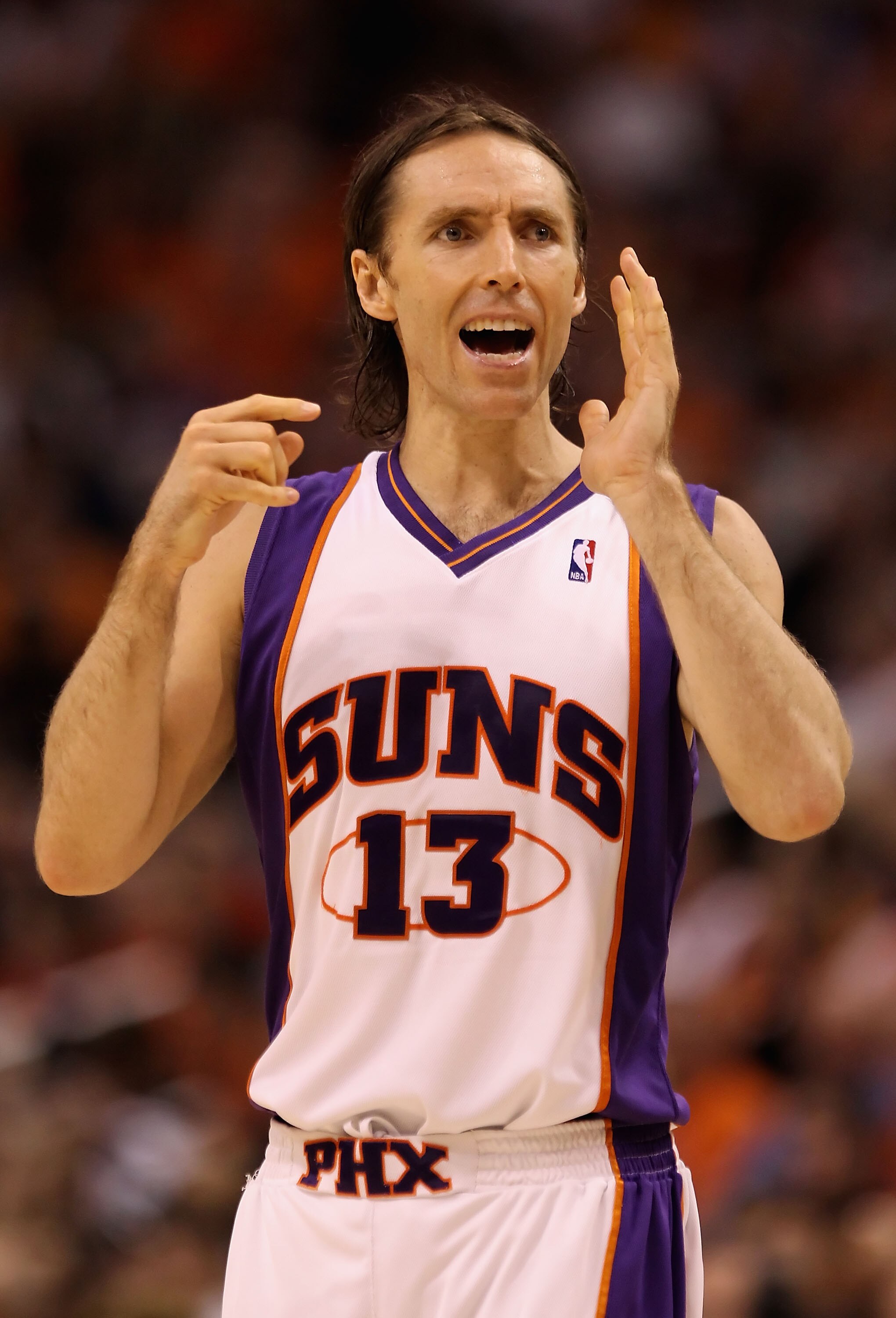 PHOENIX - APRIL 20:  Steve Nash #13 of the Phoenix Suns yells to a teamamte during Game Two of the Western Conference Quarterfinals of the 2010 NBA Playoffs against the Portland Trail Blazers at US Airways Center on April 20, 2010 in Phoenix, Arizona. NOT