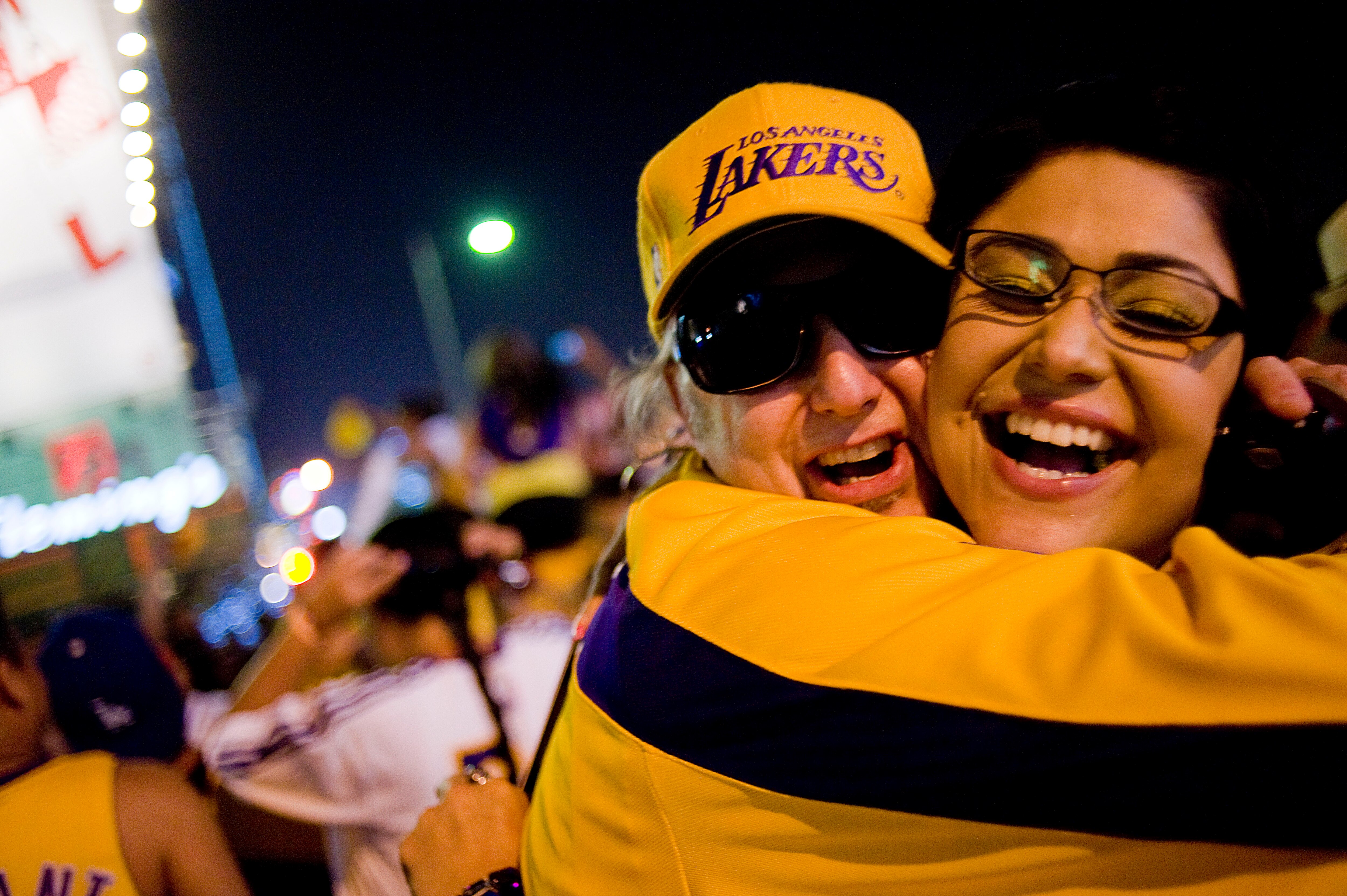 LOS ANGELES, CA - JUNE17:  Los Angeles Lakers fans celebrateafter  winning the 2010 NBA Championship against the Boston Celtics outside the Staples Center on June 17, 2010 in Los Angeles. The Lakers beat the Celtics 83-79 in a close game.  (Photo by Micha