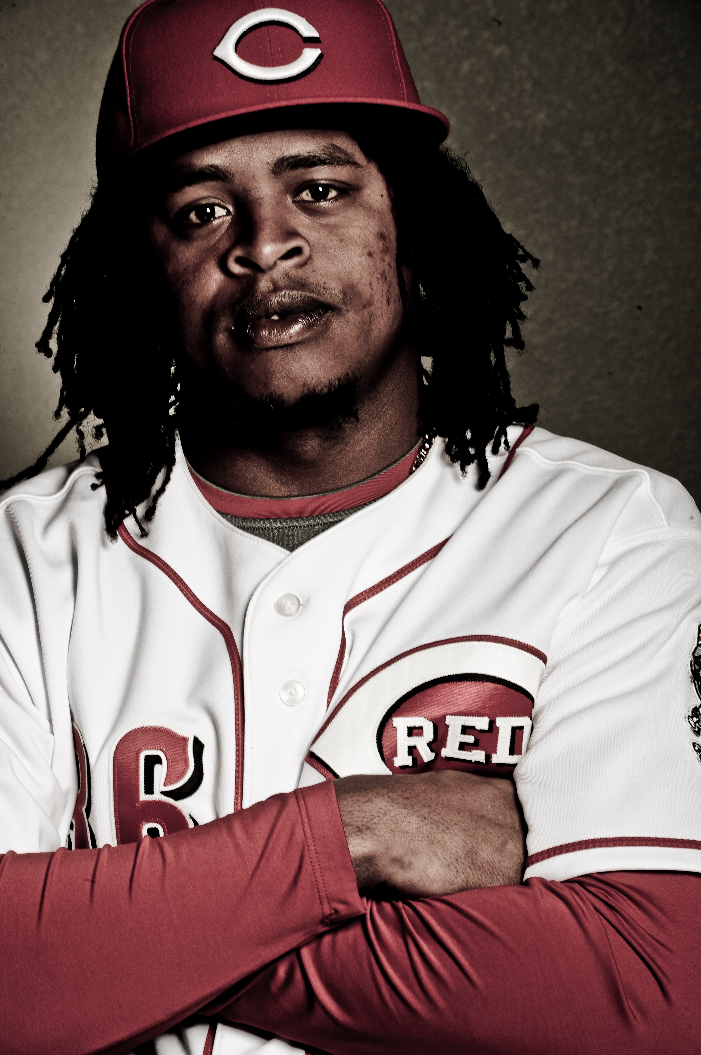 GOODYEAR, AZ - FEBRUARY 20: (EDITORS NOTE - THIS IMAGE WAS DIGITALLY DESATURATED) Edinson Volquez #36 of the Cincinnati Reds poses during the Cincinnati Reds photo day at the Cincinnati Reds Spring Training Complex on February 20, 2011 in Goodyear, Arizon