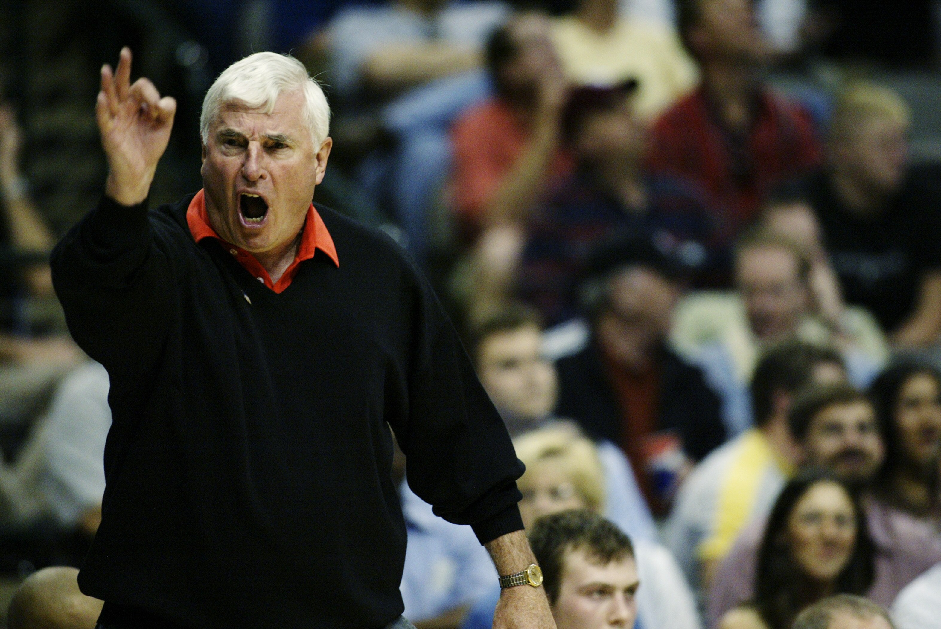 DALLAS - MARCH 13:  Head coach Bob Knight of the Texas Tech University Red Raiders yells during the Big XII Championships against the Baylor University Bears at the American Airlines Center on March 13, 2003 in Dallas, Texas. Texas Tech defeated Baylor 68