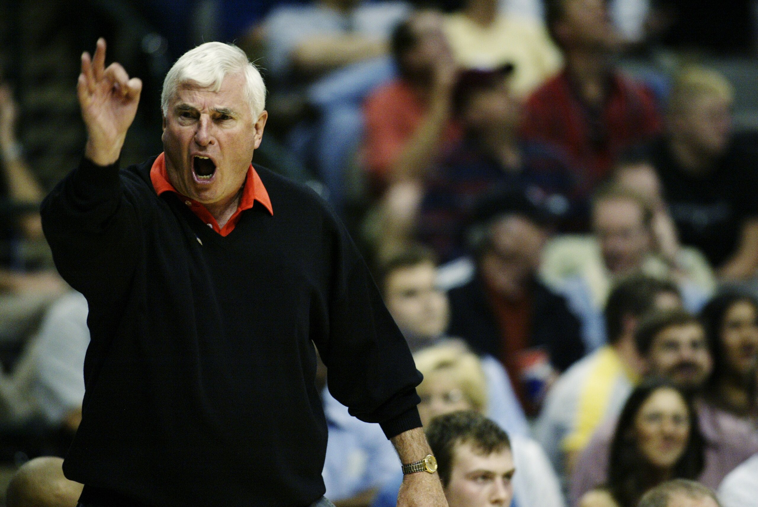 DALLAS - MARCH 13:  Head coach Bob Knight of the Texas Tech University Red Raiders yells during the Big XII Championships against the Baylor University Bears at the American Airlines Center on March 13, 2003 in Dallas, Texas. Texas Tech defeated Baylor 68