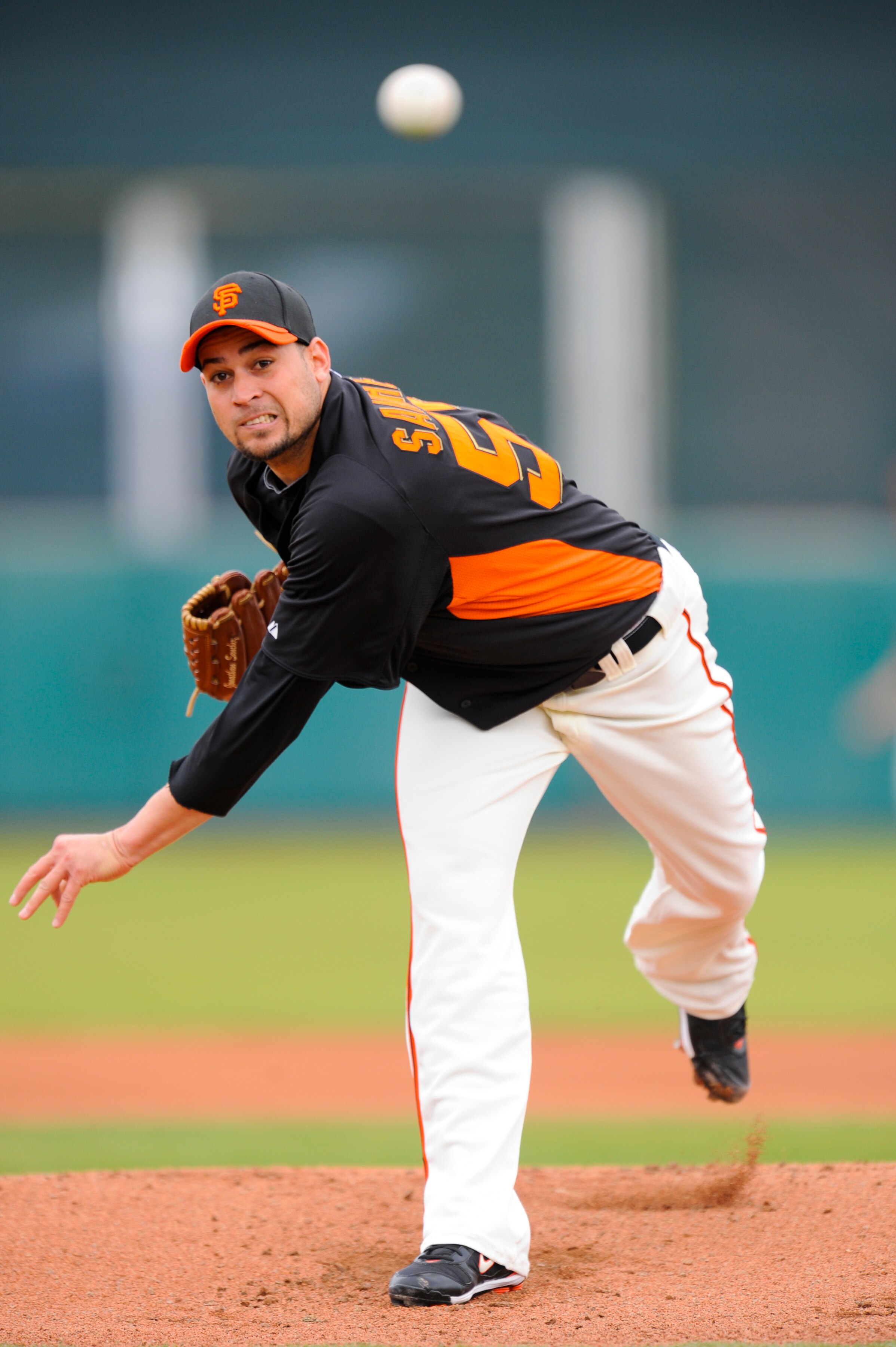 SCOTTSDALE, AZ - FEBRUARY 26: Jonathan Sanchez #57 of the San Francisco Giants pitches during a spring training game against the Los Angeles Dodgers  at Scottsdale Stadium on February 26, 2011 in Scottsdale, Arizona. (Photo by Rob Tringali/Getty Images)