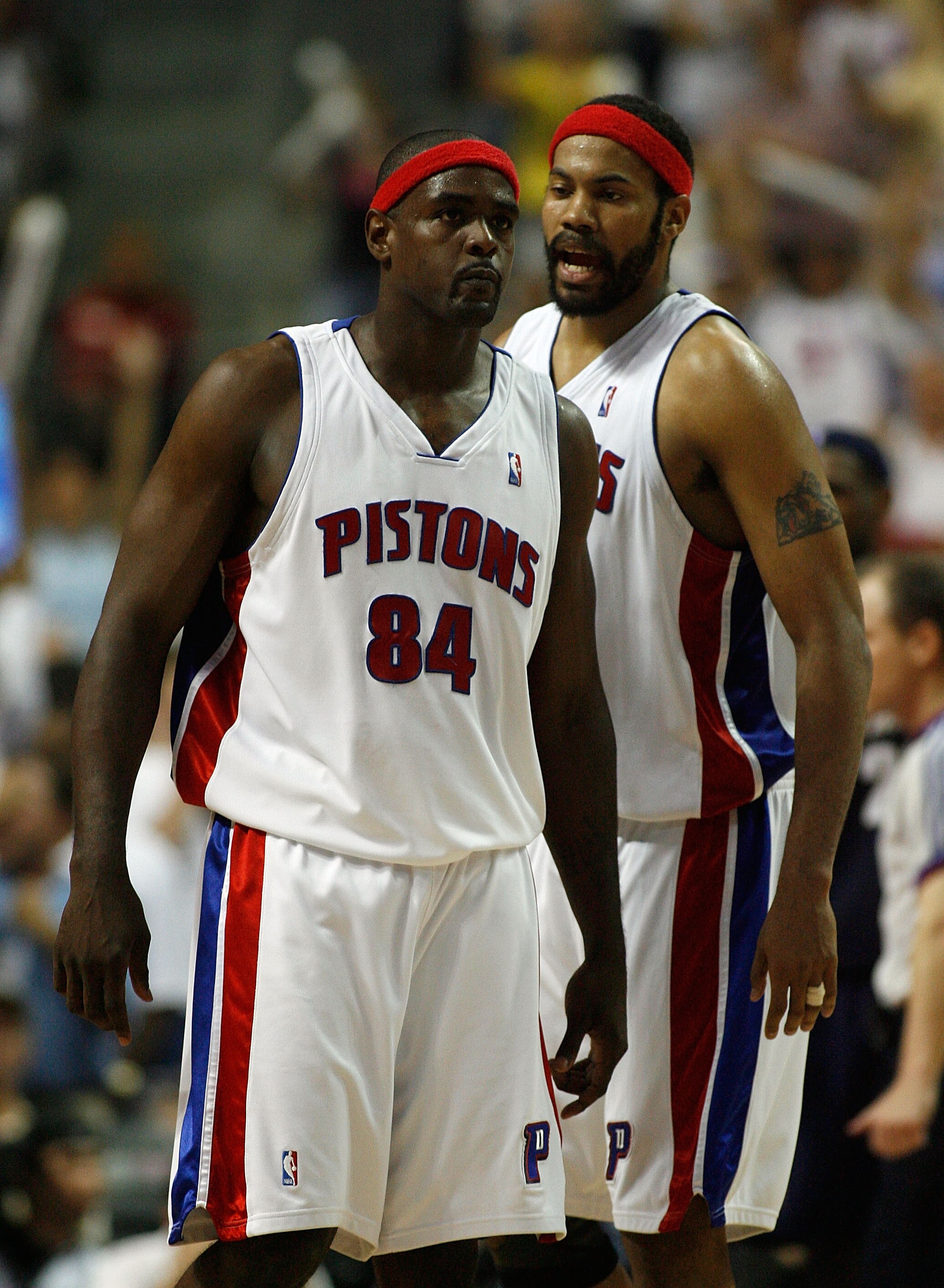 AUBURN HILLS, MI - MAY 31:  (L-R) Chris Webber #84 and Rasheed Wallace #36 of the Detroit Pistons on court late in the game against the Cleveland Cavaliers in Game Five of the Eastern Conference Finals during the 2007 NBA Playoffs at The Palace of Auburn
