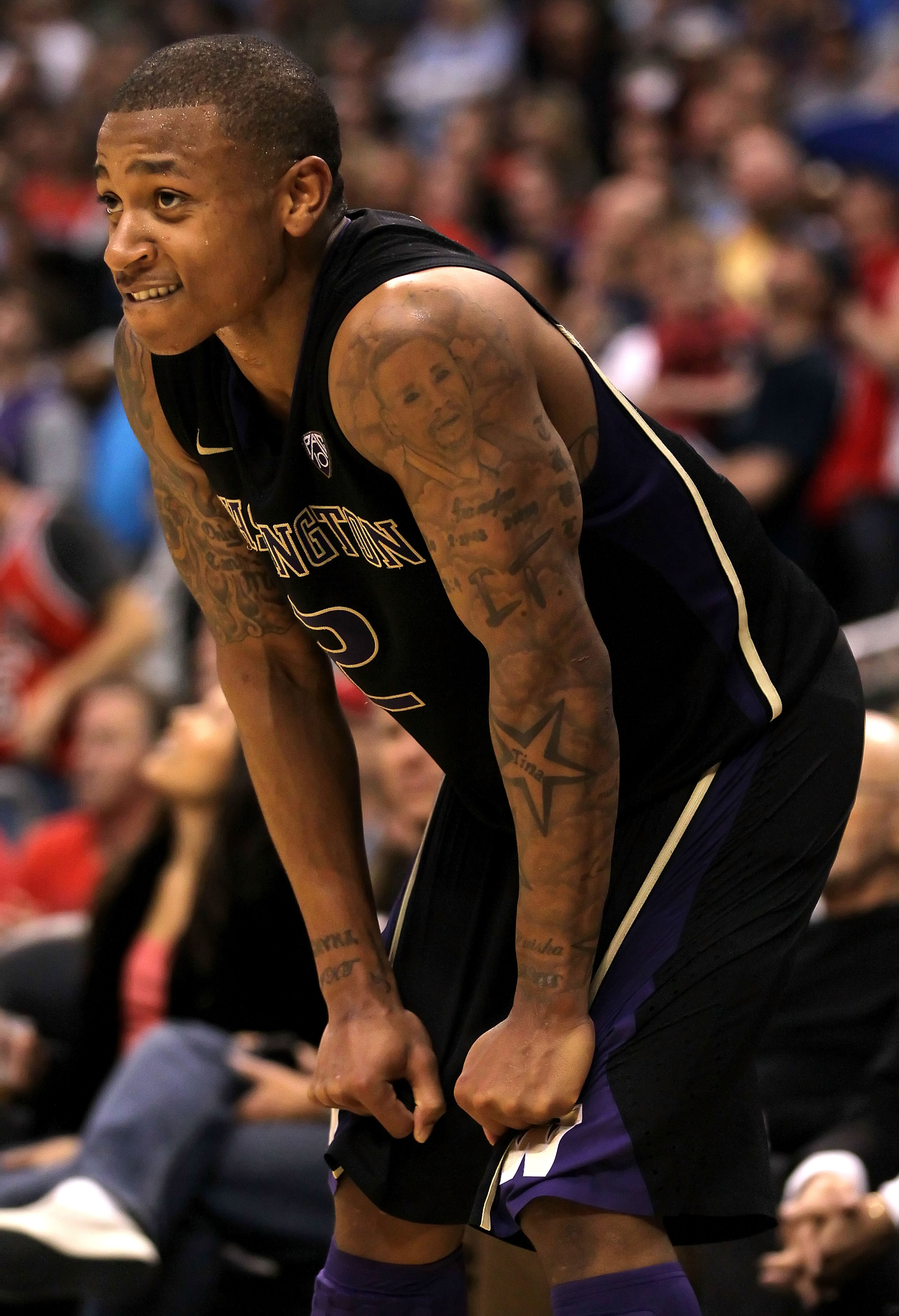 LOS ANGELES, CA - MARCH 12:  Isaiah Thomas #2 of the Washington Huskies reacts while taking on the Arizona Wildcats in the championship game of the 2011 Pacific Life Pac-10 Men's Basketball Tournament at Staples Center on March 12, 2011 in Los Angeles, Ca