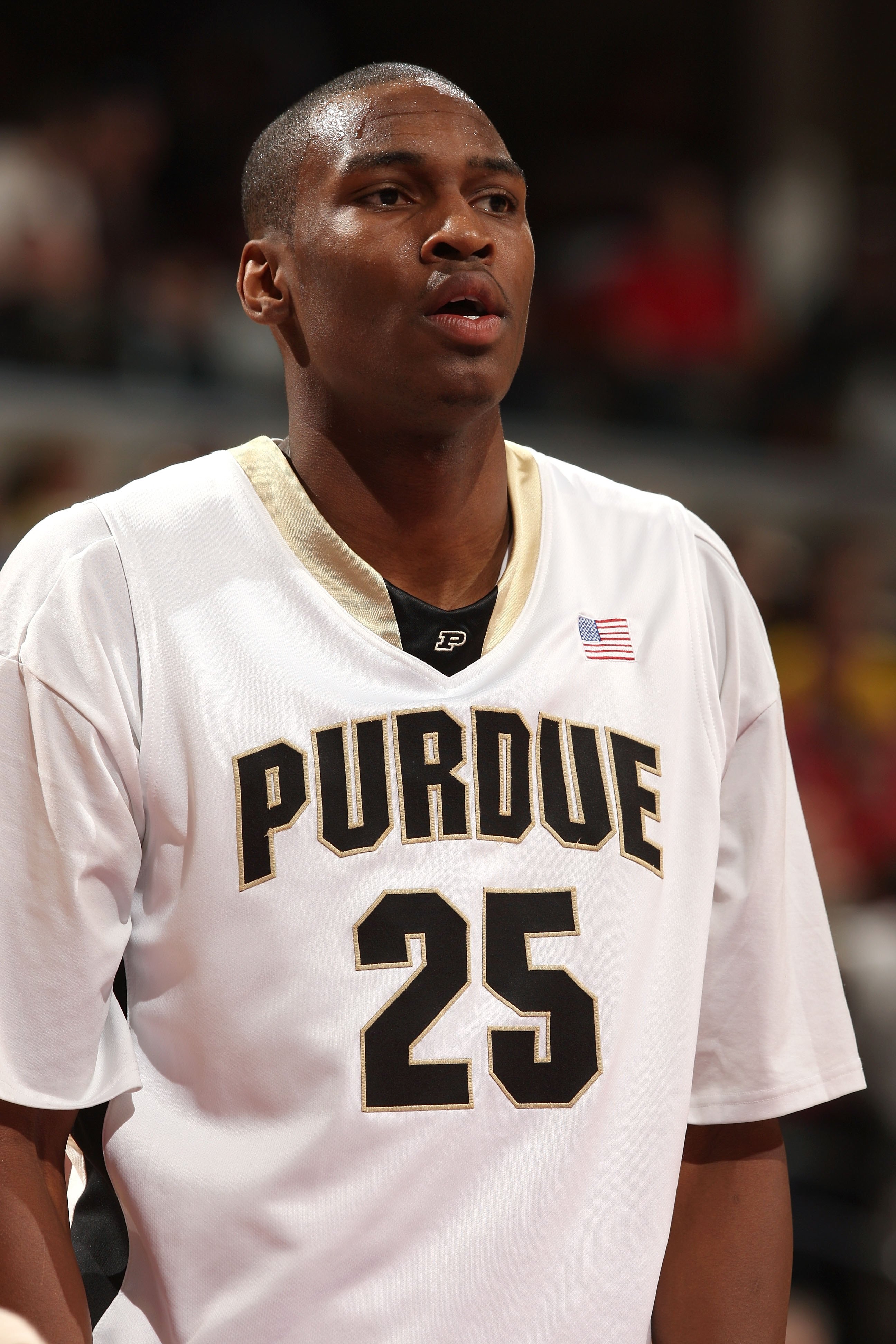 INDIANAPOLIS - MARCH 15:  JaJuan Johnson #25 of the Purdue Boilermakers looks on against the Ohio State Buckeyes during the final of the Big Ten Men's Basketball Tournament at Conseco Fieldhouse on March 15, 2009 in Indianapolis, Indiana.  (Photo by Jonat