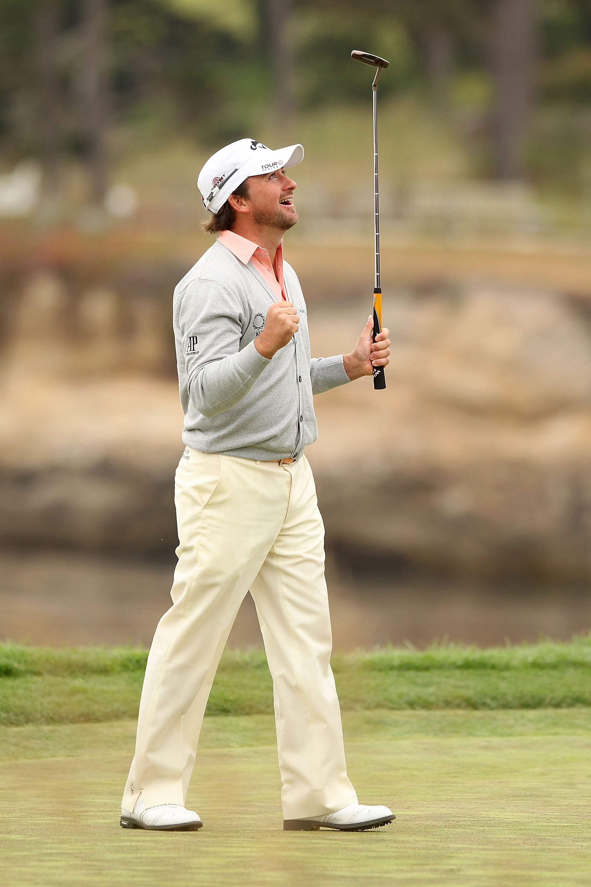 PEBBLE BEACH, CA - JUNE 20:  Graeme McDowell of Northern Ireland celebrates making par on the 18th hole to win the 110th U.S. Open at Pebble Beach Golf Links on June 20, 2010 in Pebble Beach, California.  (Photo by Ross Kinnaird/Getty Images)