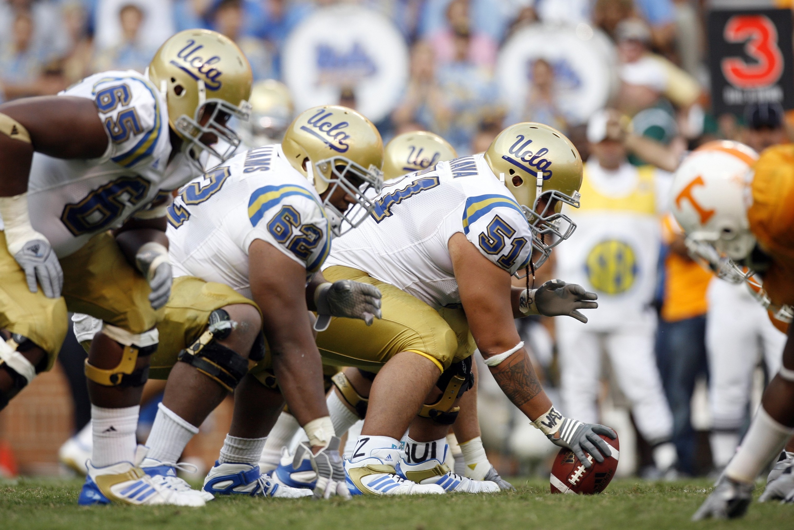 KNOXVILLE, TN - SEPTEMBER 12: Kai Maiava #51 of the UCLA Bruins is set to hike the ball against the Tennessee Volunteers on September 12, 2009 at Neyland Stadium in Knoxville, Tennessee. UCLA beat Tennessee 19-15. (Photo by Joe Murphy/Getty Images) KNOXVILLE, TN - SEPTEMBER 12: Kai Maiava #51 of the UCLA Bruins is set to hike the ball against the Tennessee Volunteers on September 12, 2009 at Neyland Stadium in Knoxville, Tennessee. UCLA beat Tennessee 19-15. (Photo by Joe Murphy/Getty Images)