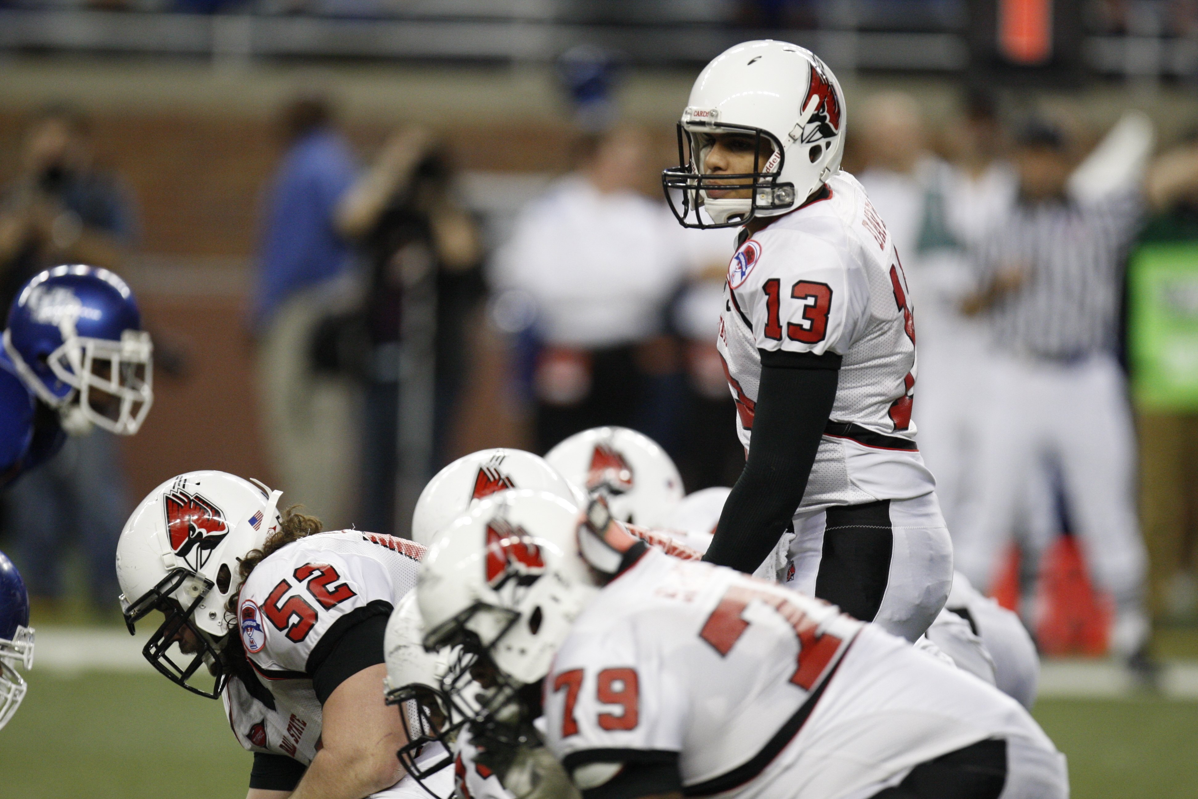 DETROIT - DECEMBER 5:  Quarterback Nate Davis #13 of the Ball State Cardinals calls signals before the snap against the Buffalo Bulls during the MAC Championship game on December 5, 2008 at Ford Field in Detroit Michigan. (Photo by: Gregory Shamus/Getty I