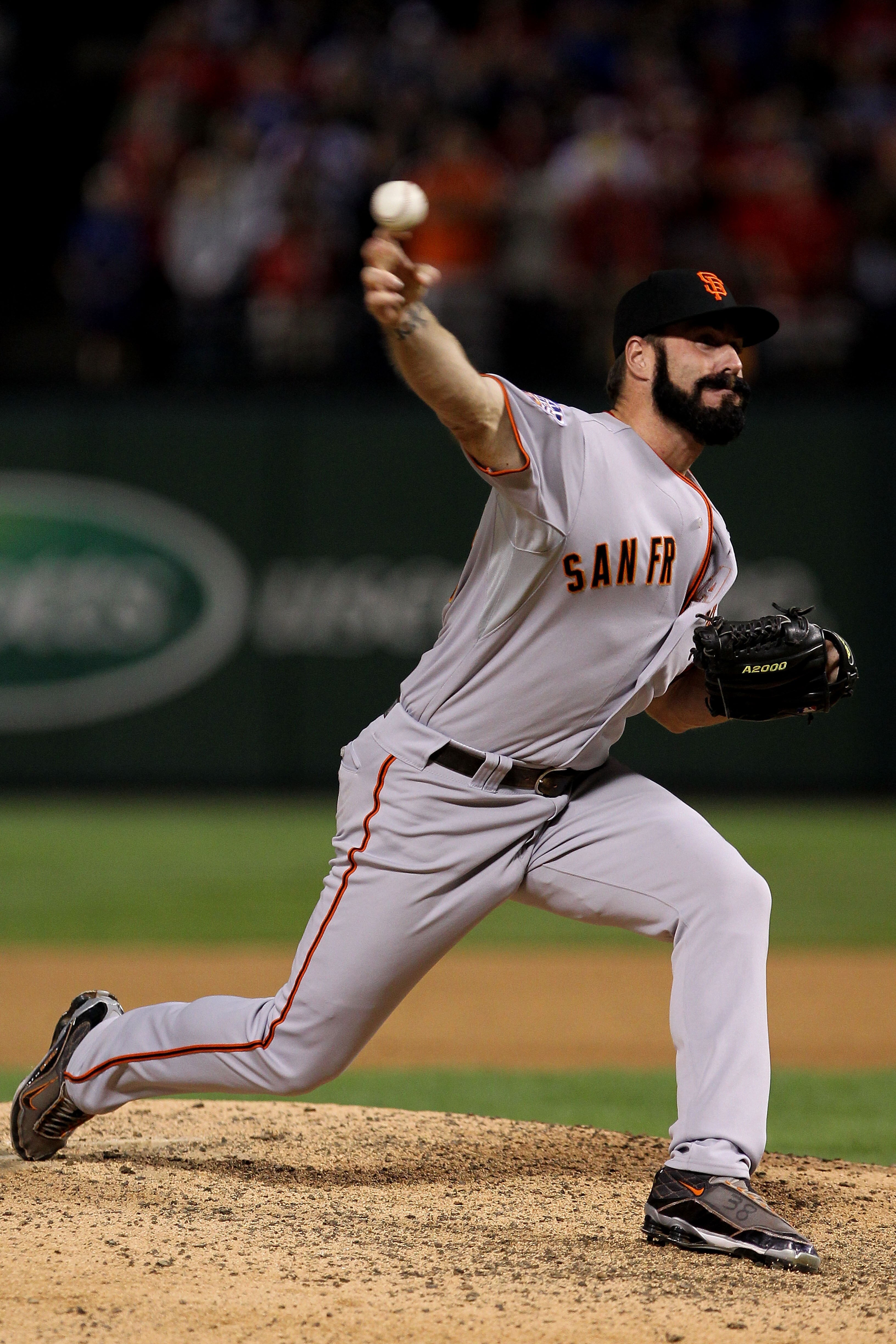ARLINGTON, TX - NOVEMBER 01:  Brian Wilson #38 of the San Francisco Giants pitchers against the Texas Rangers in Game Five of the 2010 MLB World Series at Rangers Ballpark in Arlington on November 1, 2010 in Arlington, Texas.  (Photo by Doug Pensinger/Get