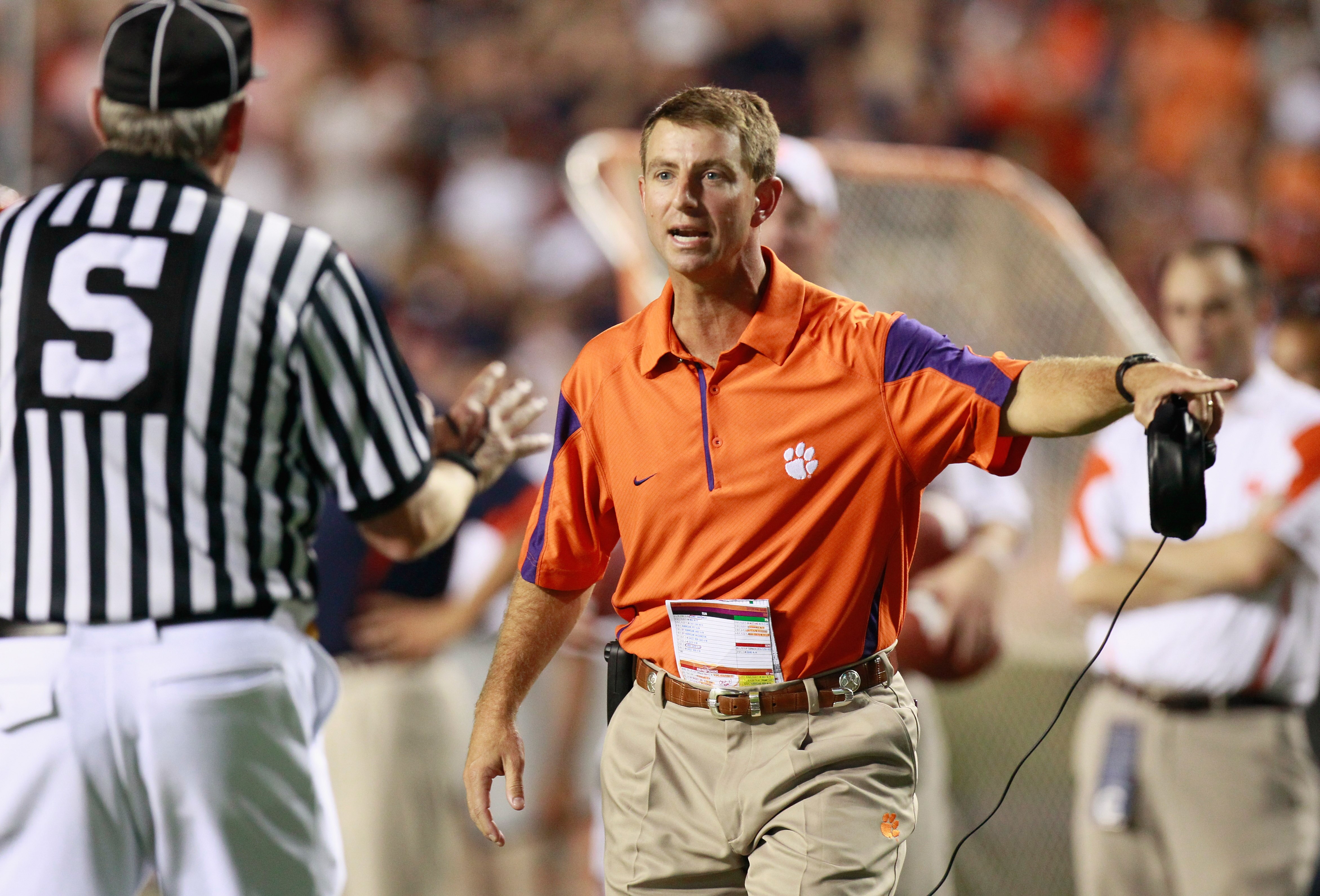 AUBURN, AL - SEPTEMBER 18:  Side Judge Watts Key with head coach Dabo Swinney of the Clemson Tigers against the Auburn Tigers at Jordan-Hare Stadium on September 18, 2010 in Auburn, Alabama.  (Photo by Kevin C. Cox/Getty Images)