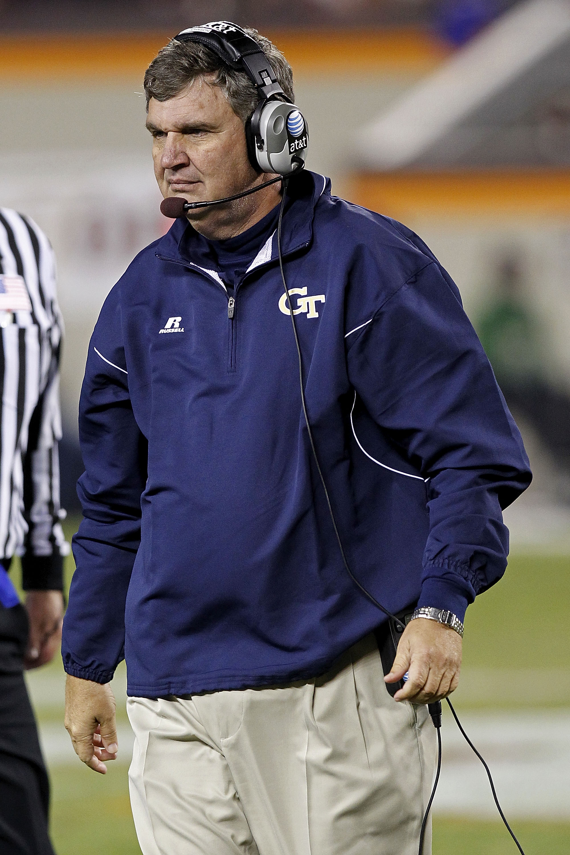 BLACKSBURG, VA - NOVEMBER 04: Head coach Paul Johnson of the Georgia Tech Yellow Jackets stands on the sidelines against the Virginia Tech Hokies at Lane Stadium on November 4, 2010 in Blacksburg, Virginia.  (Photo by Geoff Burke/Getty Images)